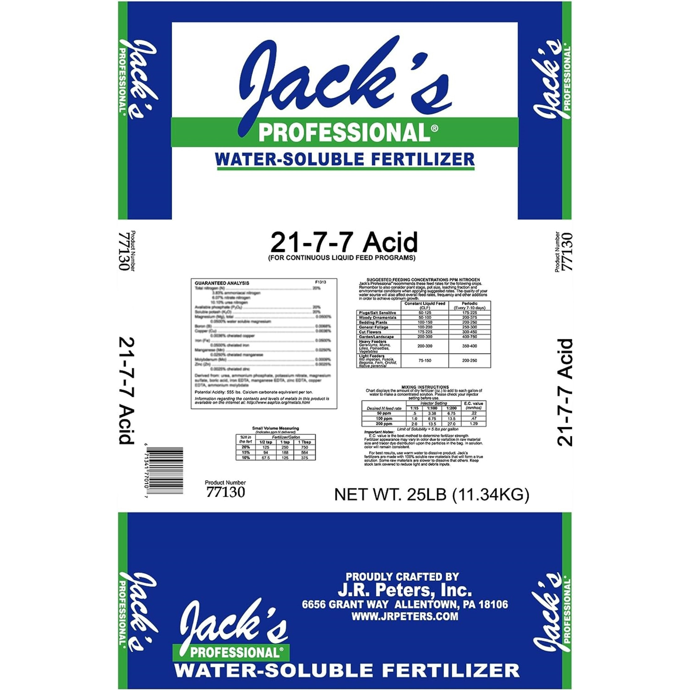 JR Peter's Jacks Prof 21-7-7 Fertilizer for Acid Loving Plants, 25 lb