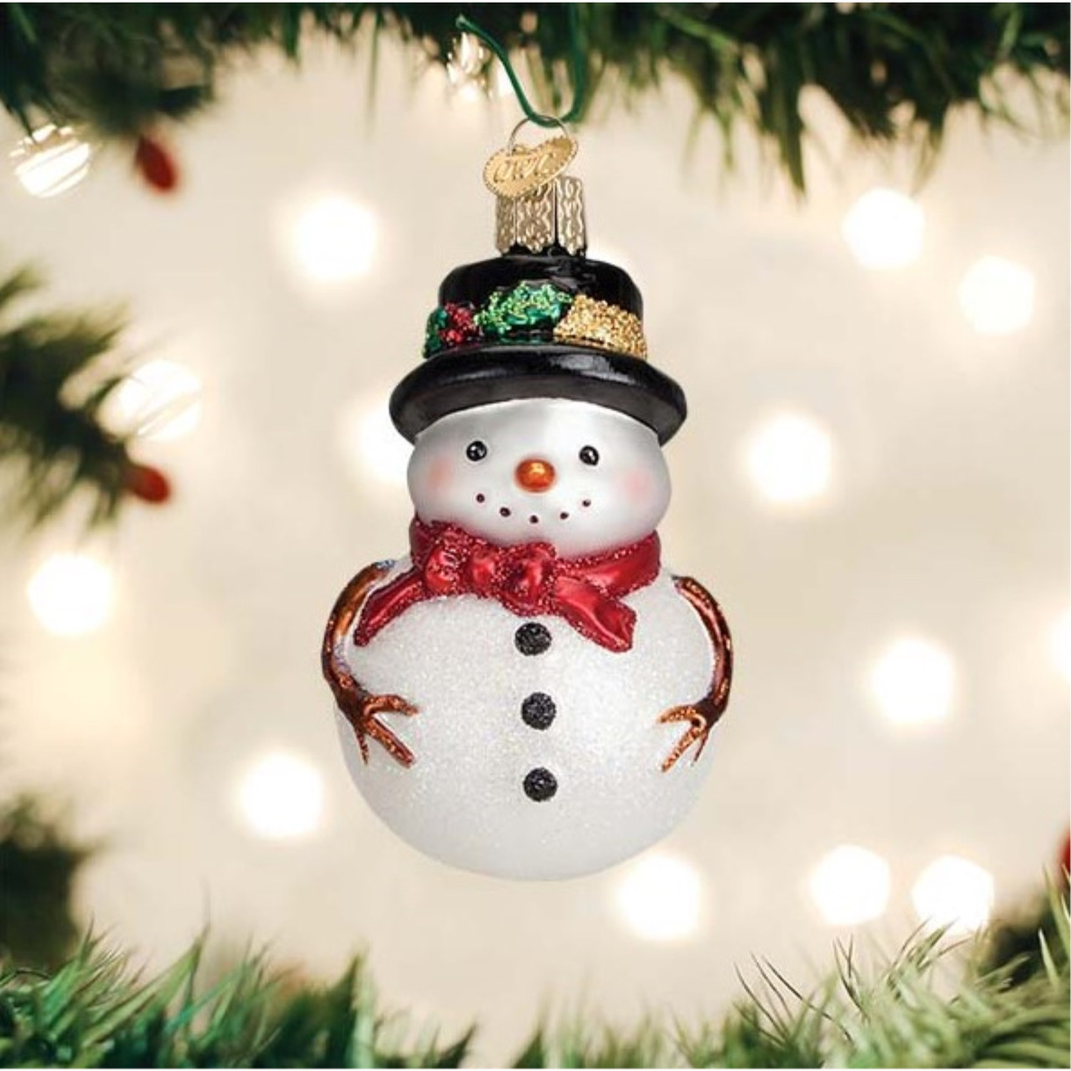 Old World Christmas Blown Glass Ornament for Christmas Tree, Red Bow Holly Hat Snowman (with OWC Gift Box)