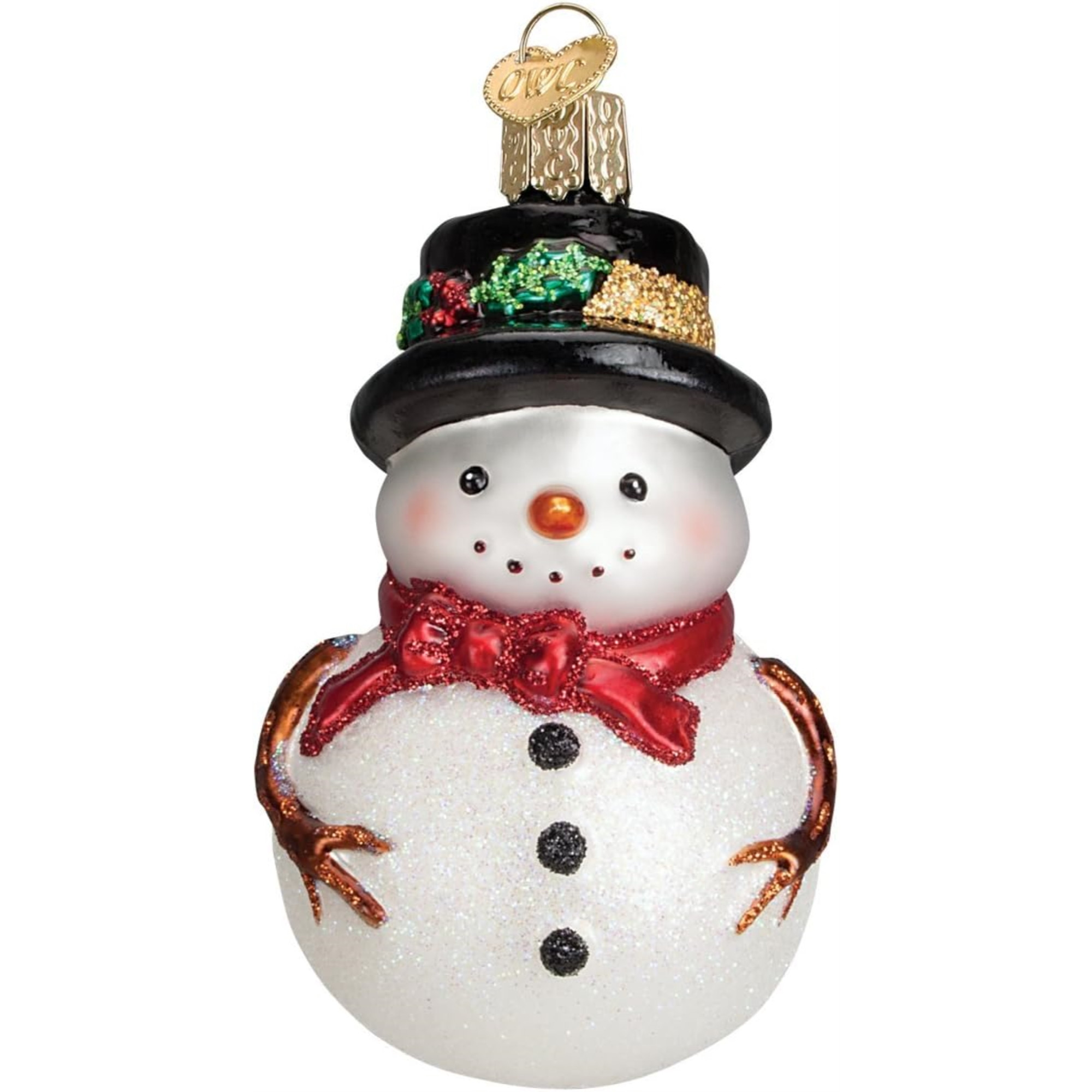 Old World Christmas Blown Glass Ornament for Christmas Tree, Red Bow Holly Hat Snowman