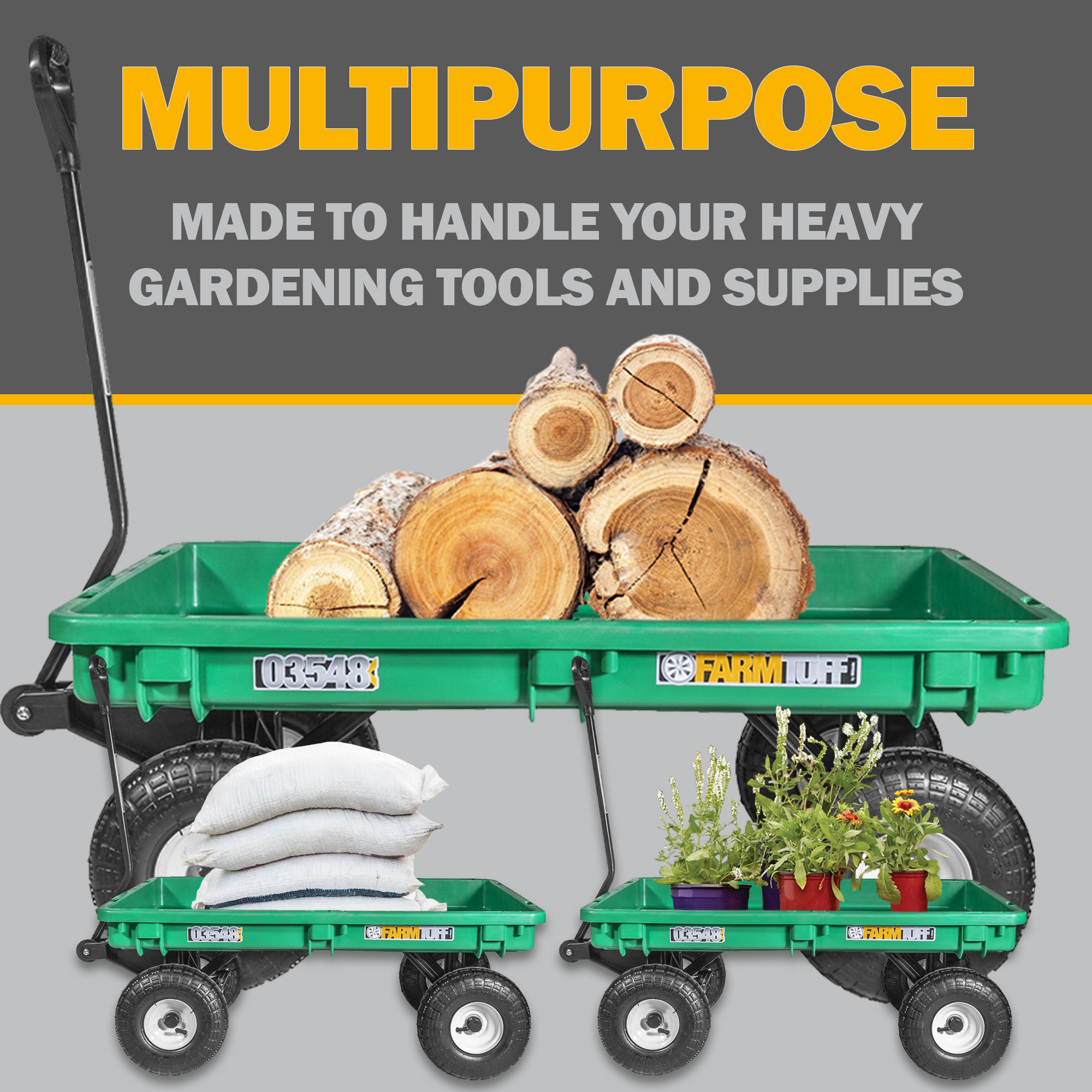 FARM-TUFF Durable Plastic Deck Garden Wagon Utility Cart with Pneumatic Tires, Green, 20" x 38"