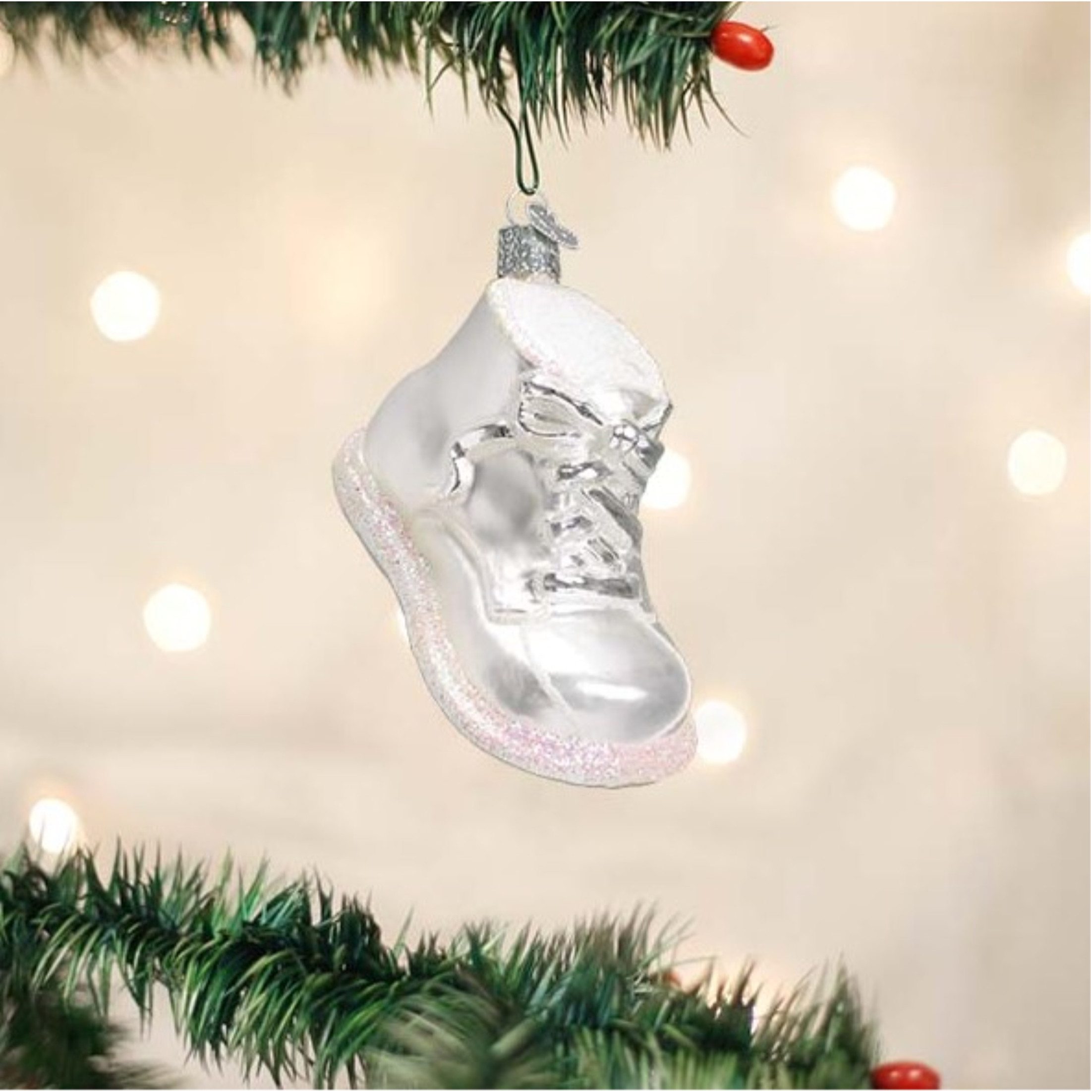 Old World Christmas Blown Glass Ornament for Christmas Tree, White Baby Shoe