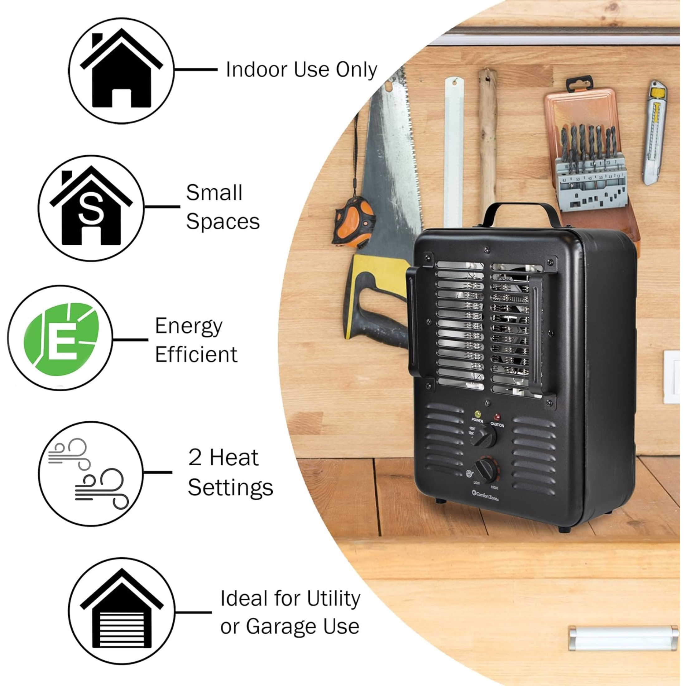 Comfort Zone Electric Portable Milkhouse Style Utility Space Heater with Adjustable Thermostat, 3-Prong Plug, Overheat Protection, Black, 14.5"