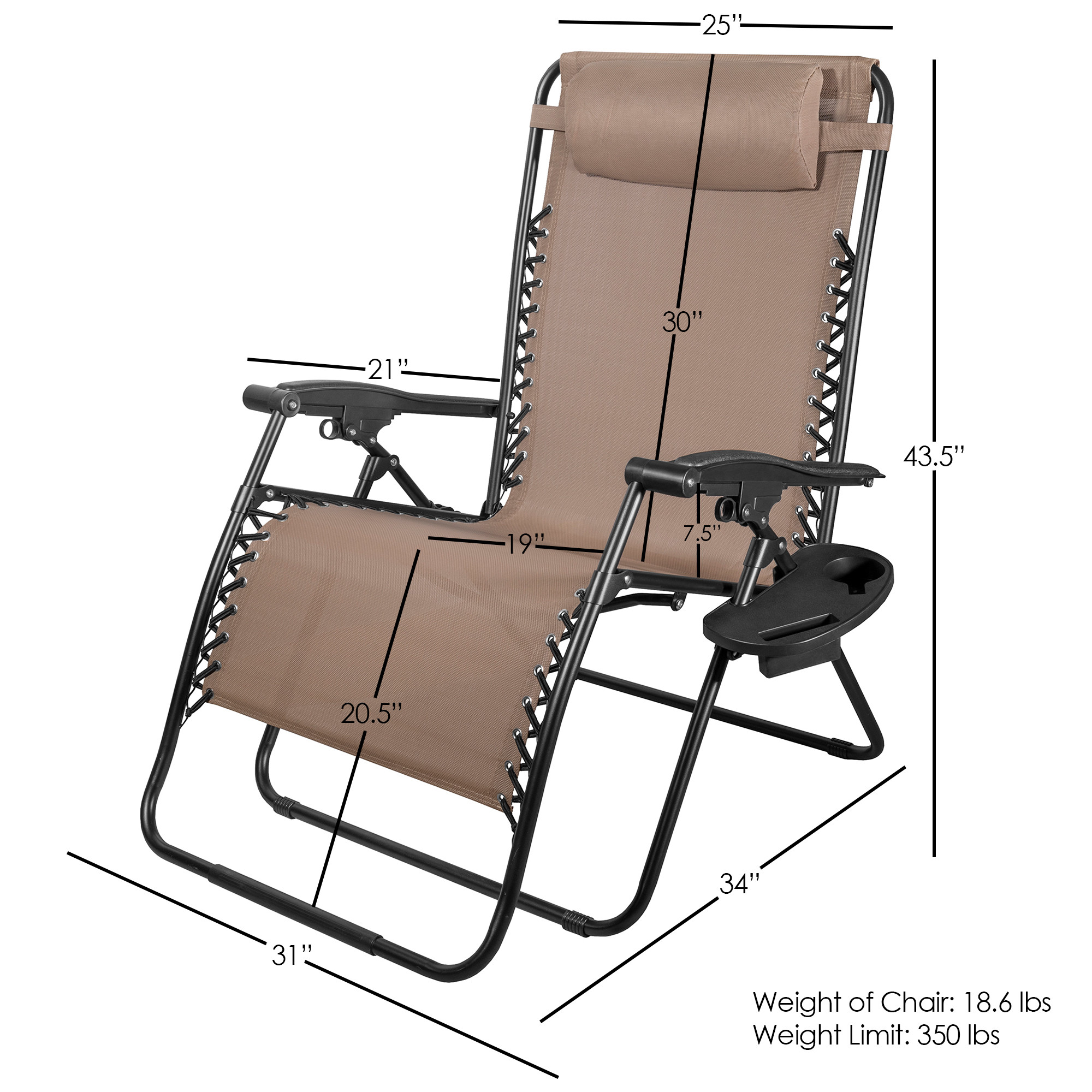 Four Seasons XL Outdoor Zero Gravity Steel Chair with Cup Holder & Tray – Adjustable Reclining Chair, Mocha