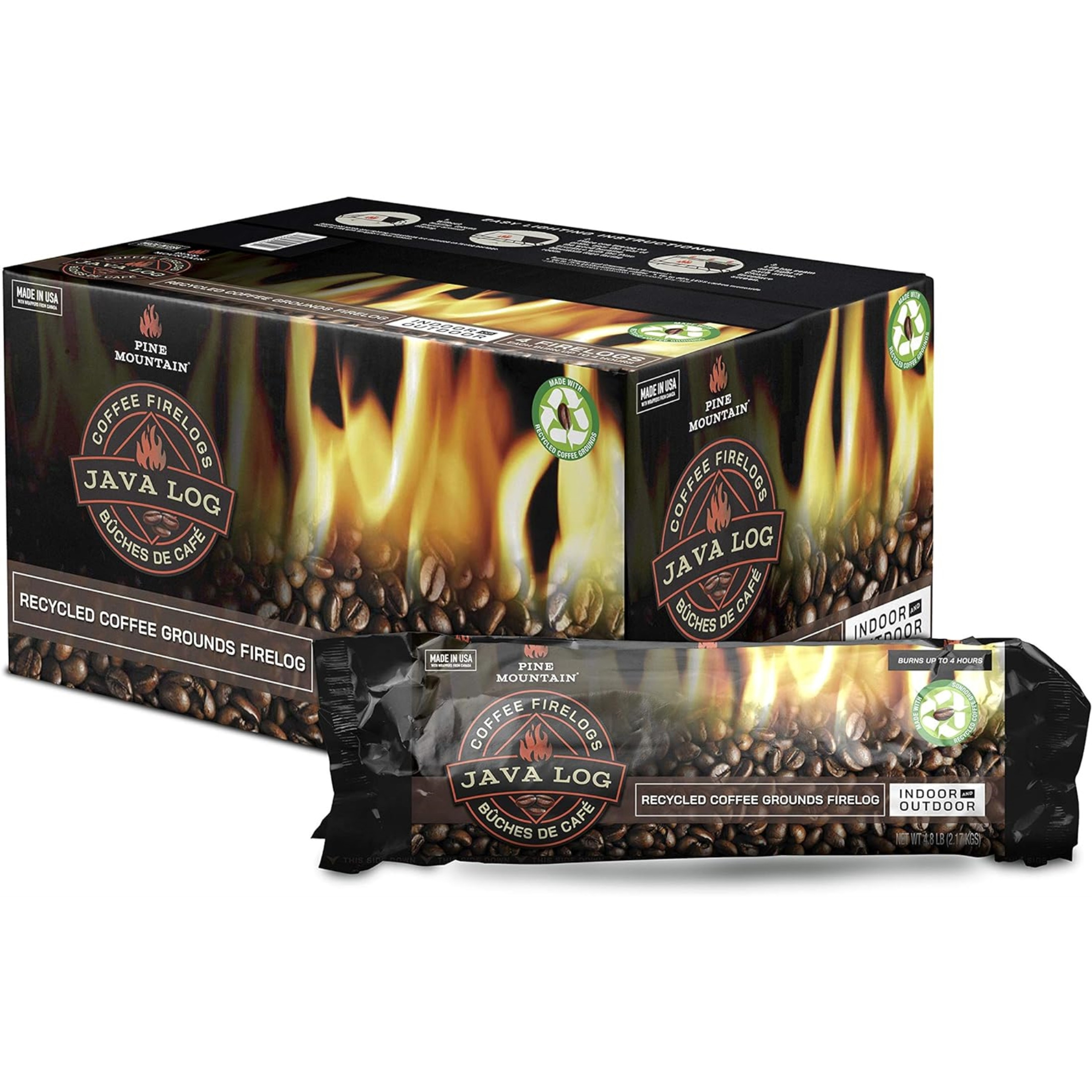 Pine Mountain Java-Log Firelog, 4-Hour Burn Time, Recycled Coffee Grounds (Pack of 4)