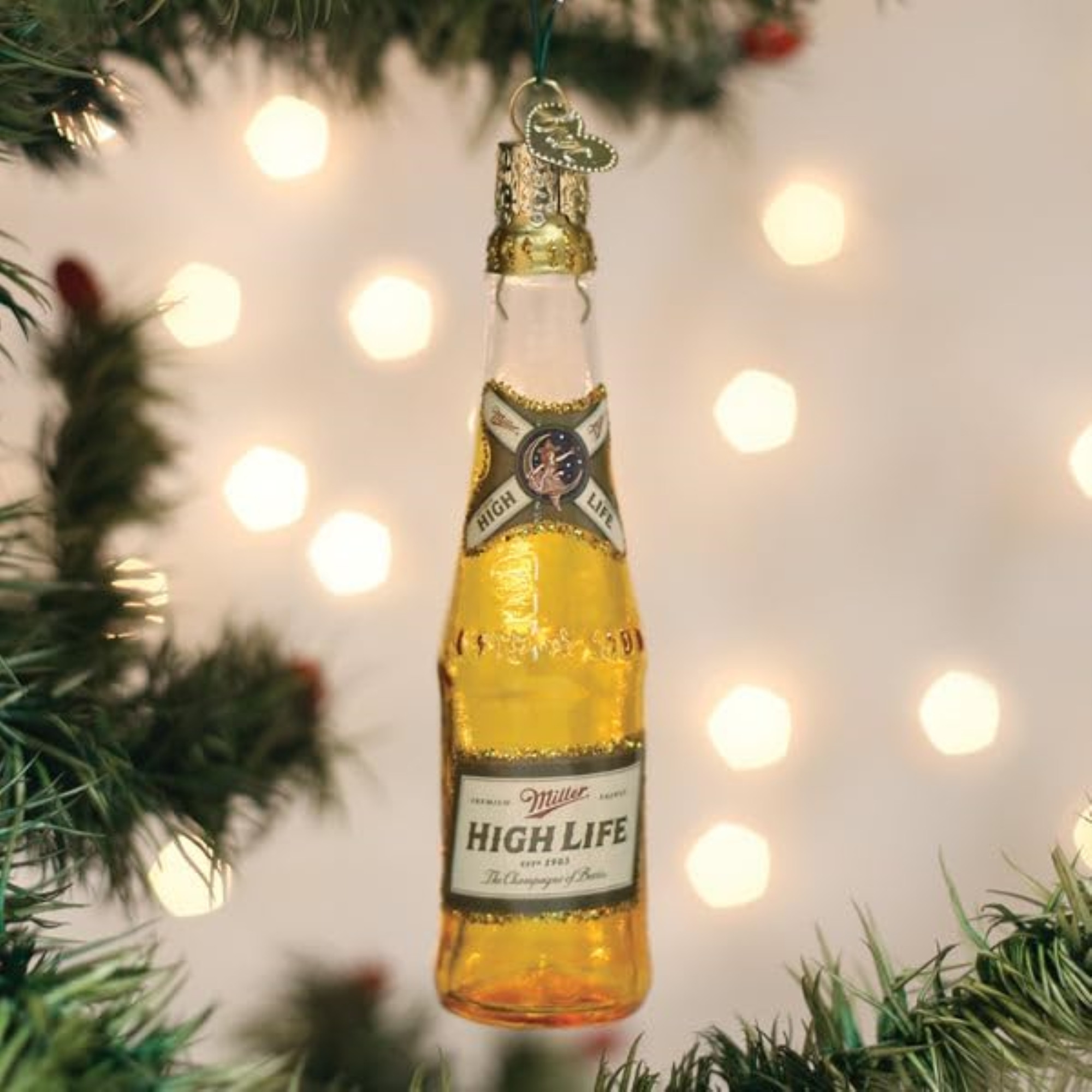 Old World Christmas Blown Glass Ornament for Christmas Tree, Miller High Life Bottle