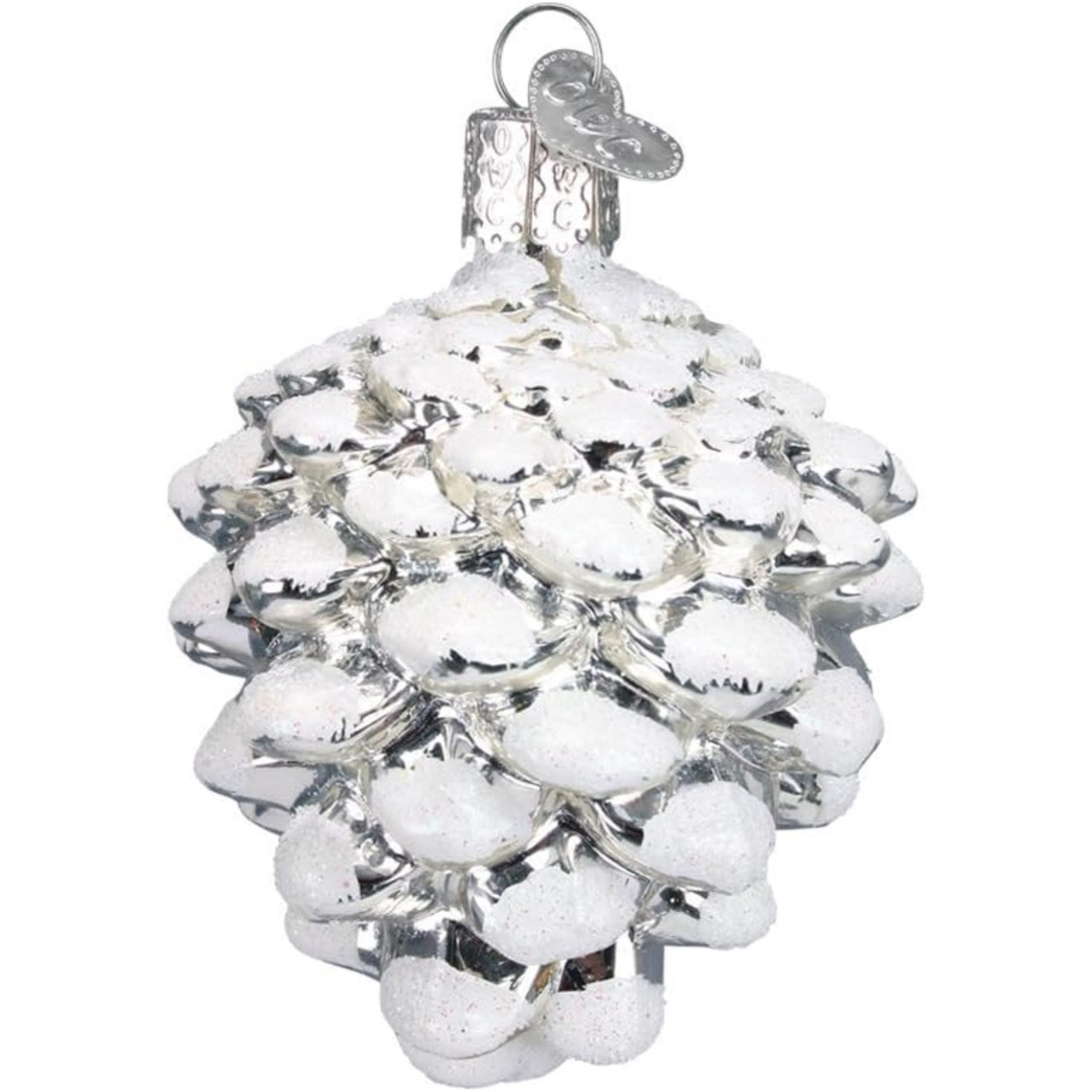 Old World Christmas Blown Glass Ornament for Christmas Tree, Snow-Capped Silver Snowy Cone (with OWC Gift Box)