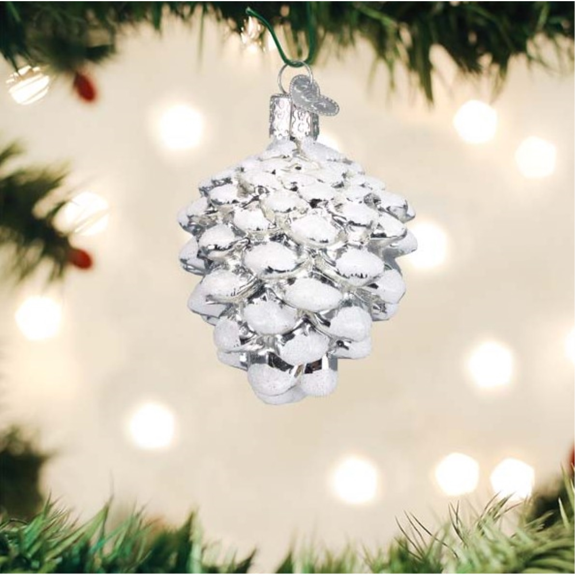 Old World Christmas Blown Glass Ornament for Christmas Tree, Snow-Capped Silver Snowy Cone