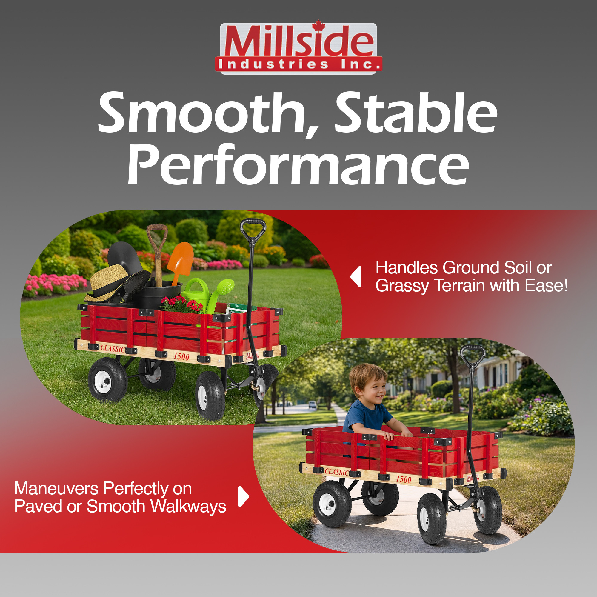 Millside Industries Classic Wood Wagon Cart with Removable Wooden Side Racks and Pneumatic Tires, Red, 20" x 38"