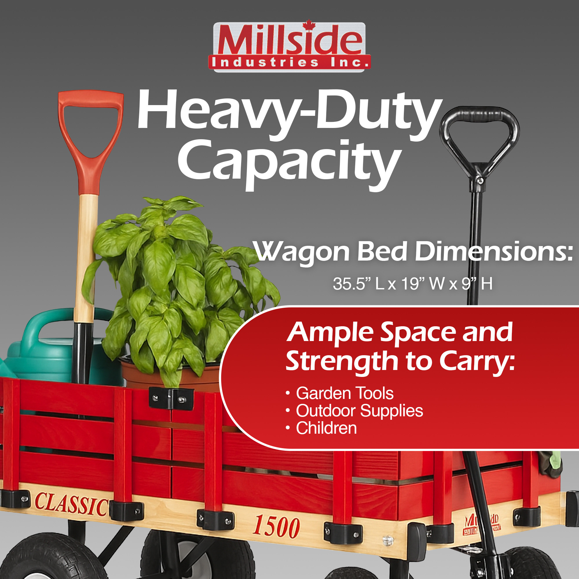 Millside Industries Classic Wood Wagon Cart with Removable Wooden Side Racks and Pneumatic Tires, Red, 20" x 38"