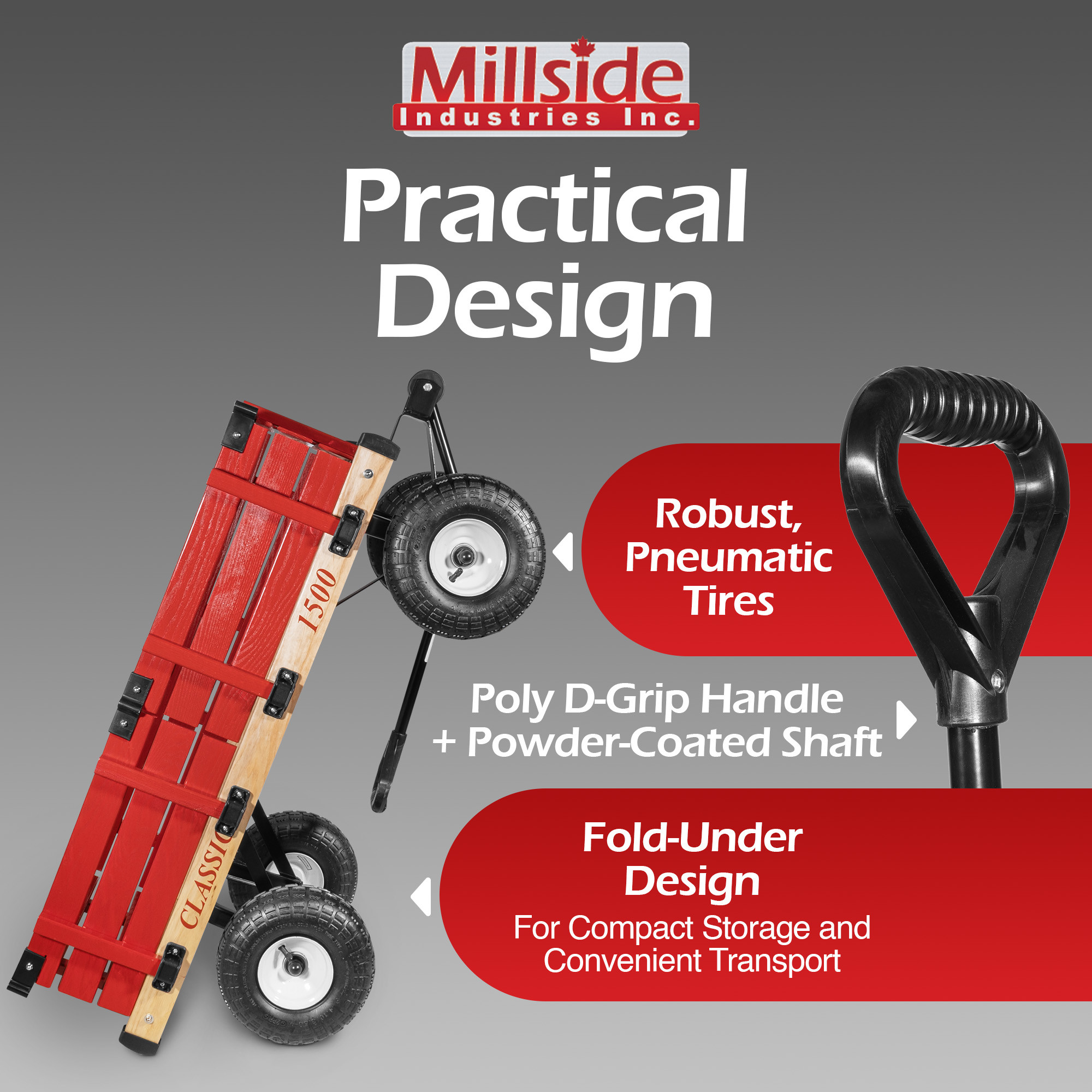 Millside Industries Classic Wood Wagon Cart with Removable Wooden Side Racks and Pneumatic Tires, Red, 20" x 38"