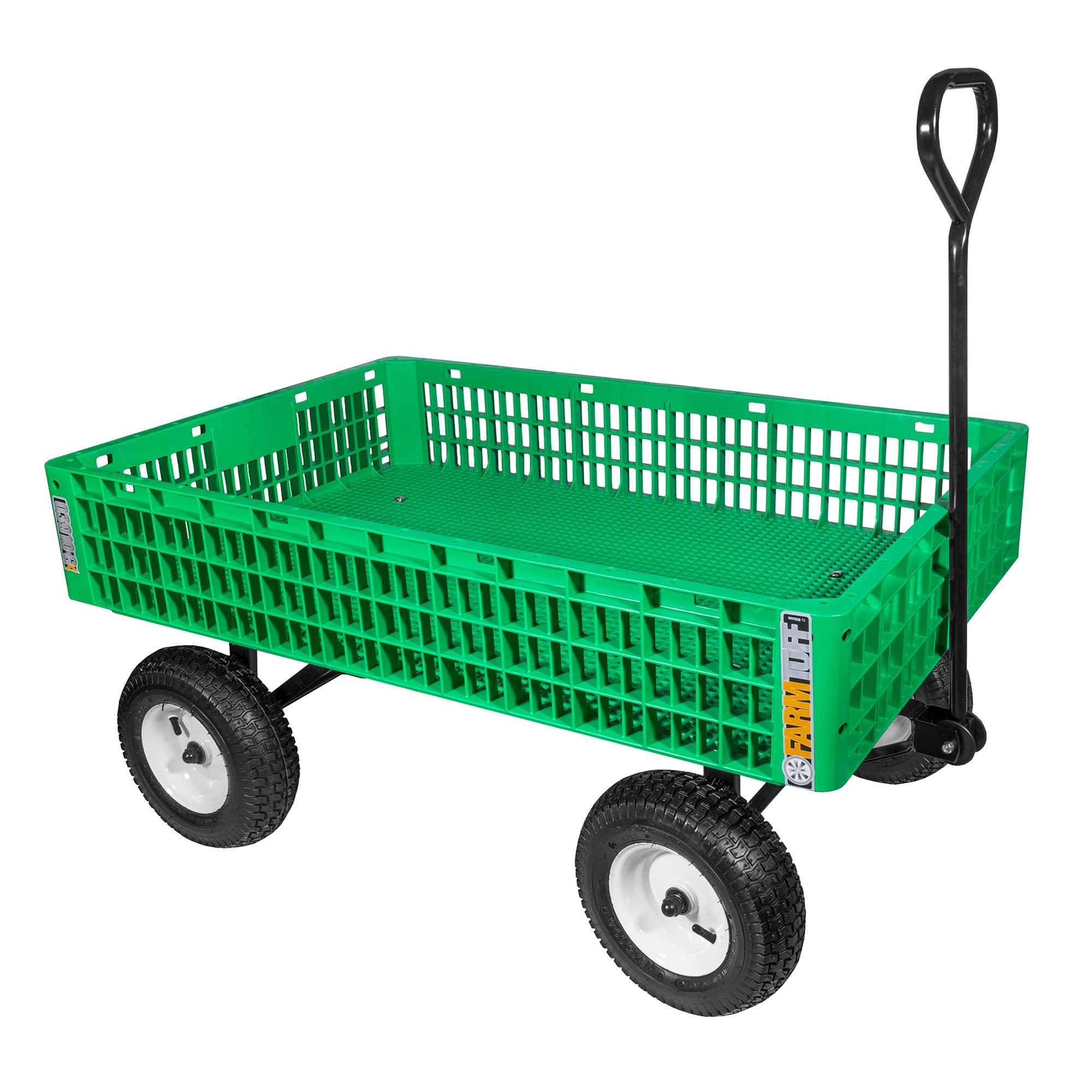 FARM-TUFF Durable Plastic Crate Garden Wagon Utility Cart with Pneumatic Tires, Green, 30" x 46"
