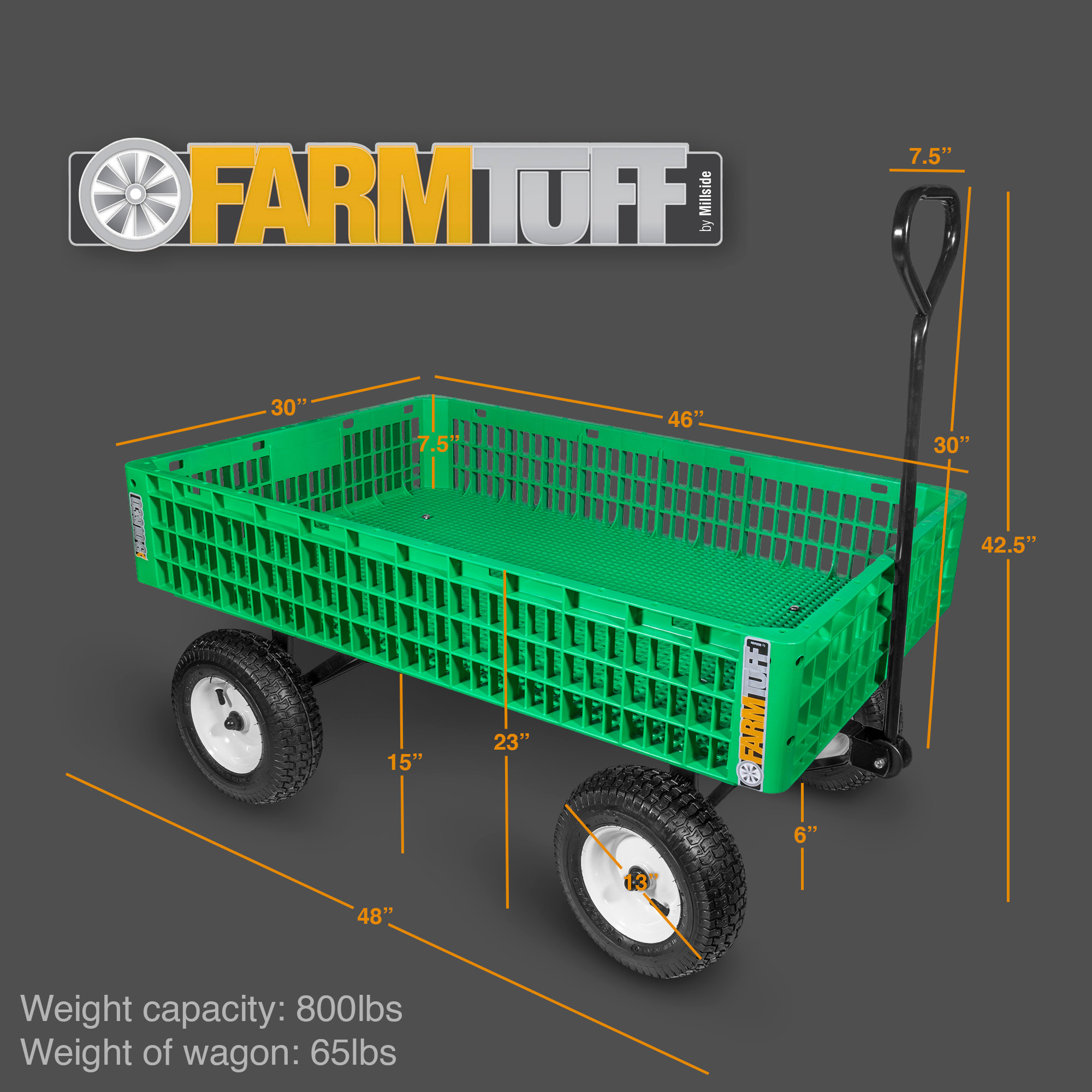 FARM-TUFF Durable Plastic Crate Garden Wagon Utility Cart with Pneumatic Tires, Green, 30" x 46"