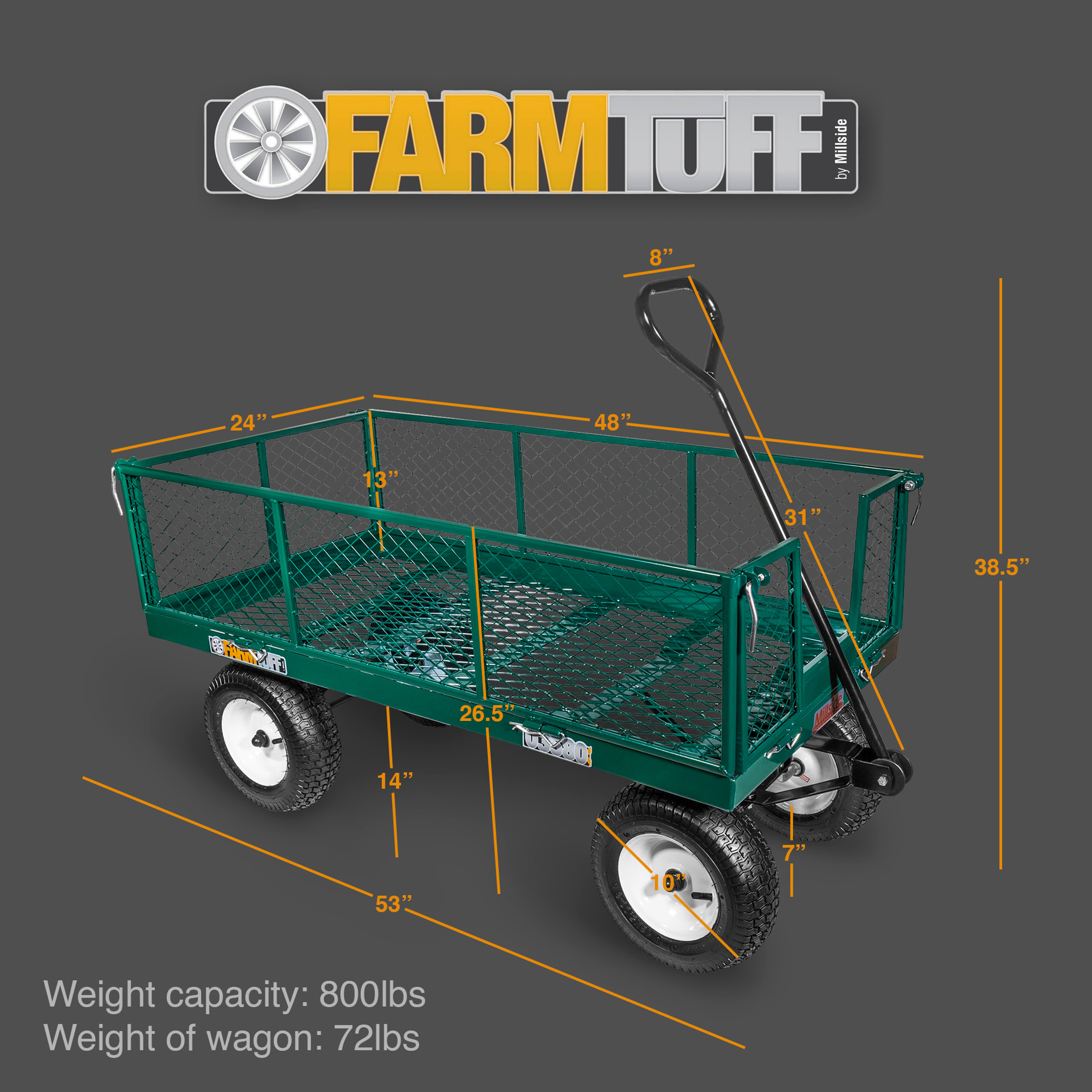 Farm Tuff Durable Metal Deck Garden Wagon Utility Cart with Pneumatic Tires and Fold Down Side Panels, Green, 24" x 48"