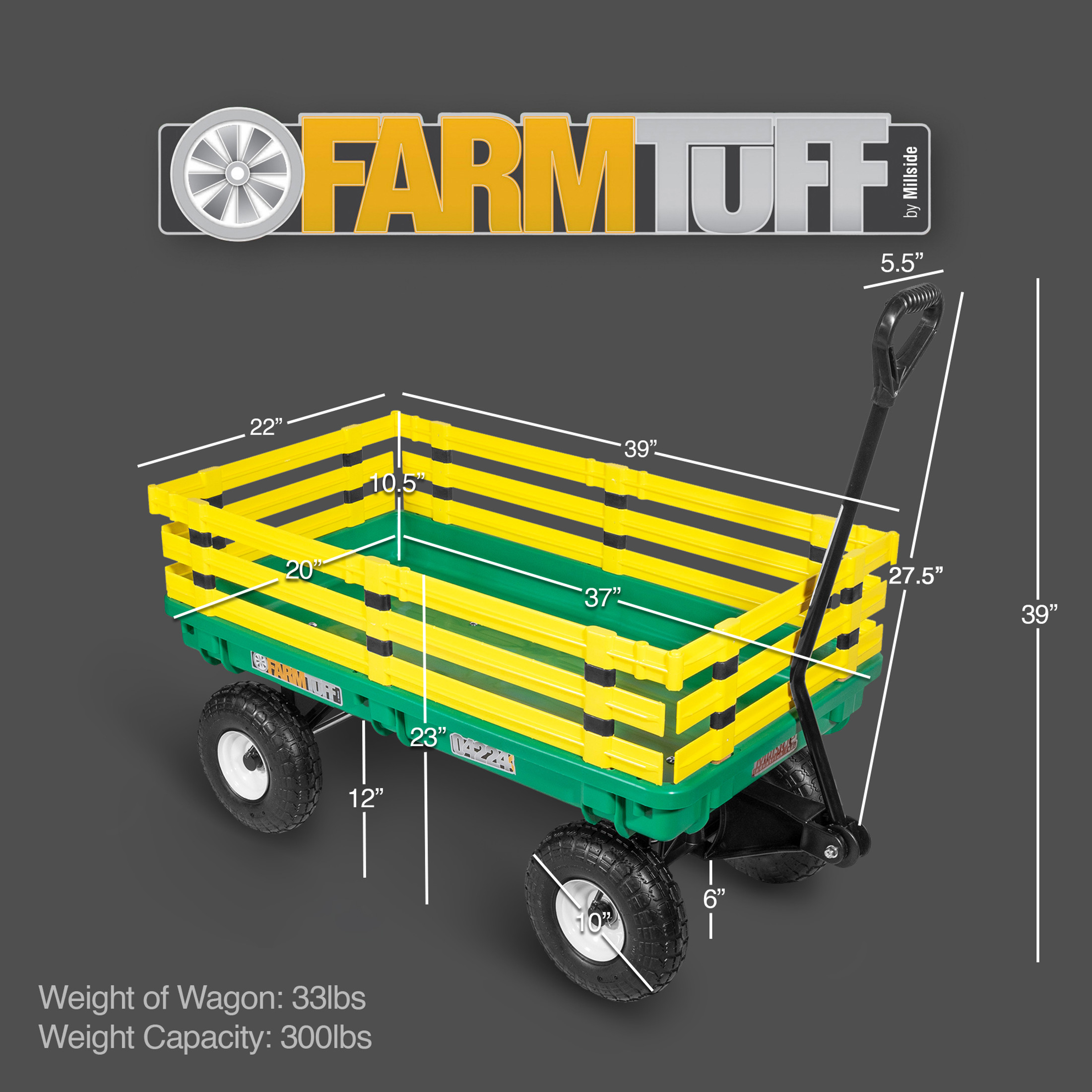 Farm Tuff Durable Plastic Garden Wagon Utility Cart with Removable Side Racks and Pneumatic Tires, Green and Yellow, 20" x 38"