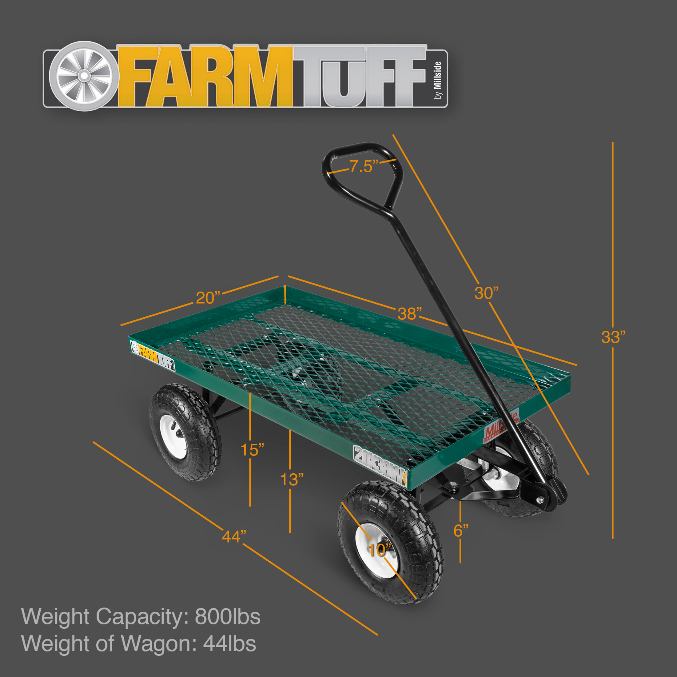 Farm Tuff Durable Metal Deck Garden Wagon Utility Cart with Pneumatic Tires, Green, 20" x 38"