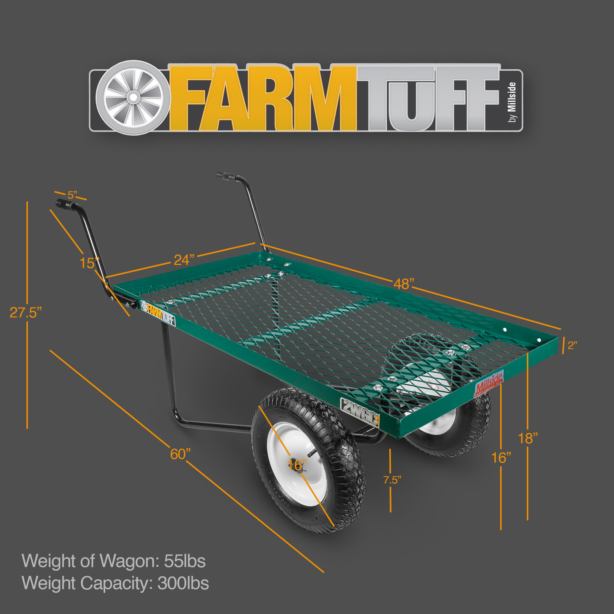 FARM-TUFF Durable Two Wheel Metal Utility Push Cart with Pneumatic Tires, Green, 24" x 48"