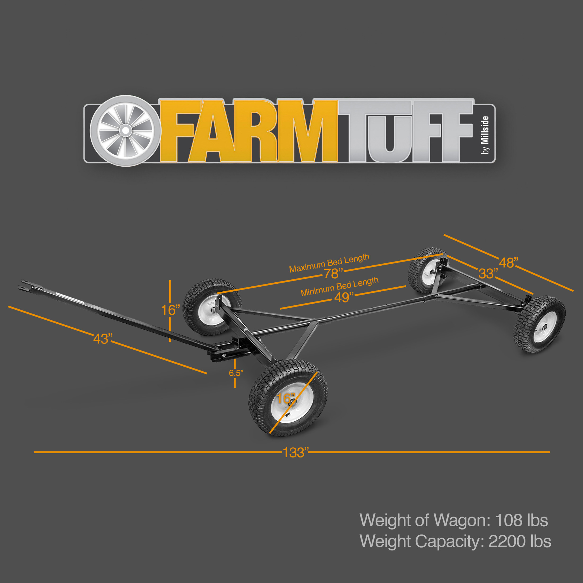 FARM-TUFF Durable ATV Alloy Steel Utility Wagon with Flat-Free Tires, Black, 2200lb Capacity FARM-TUFF Durable ATV Alloy Steel Utility Wagon with Flat-Free Tires, Black, 2200lb Capacity