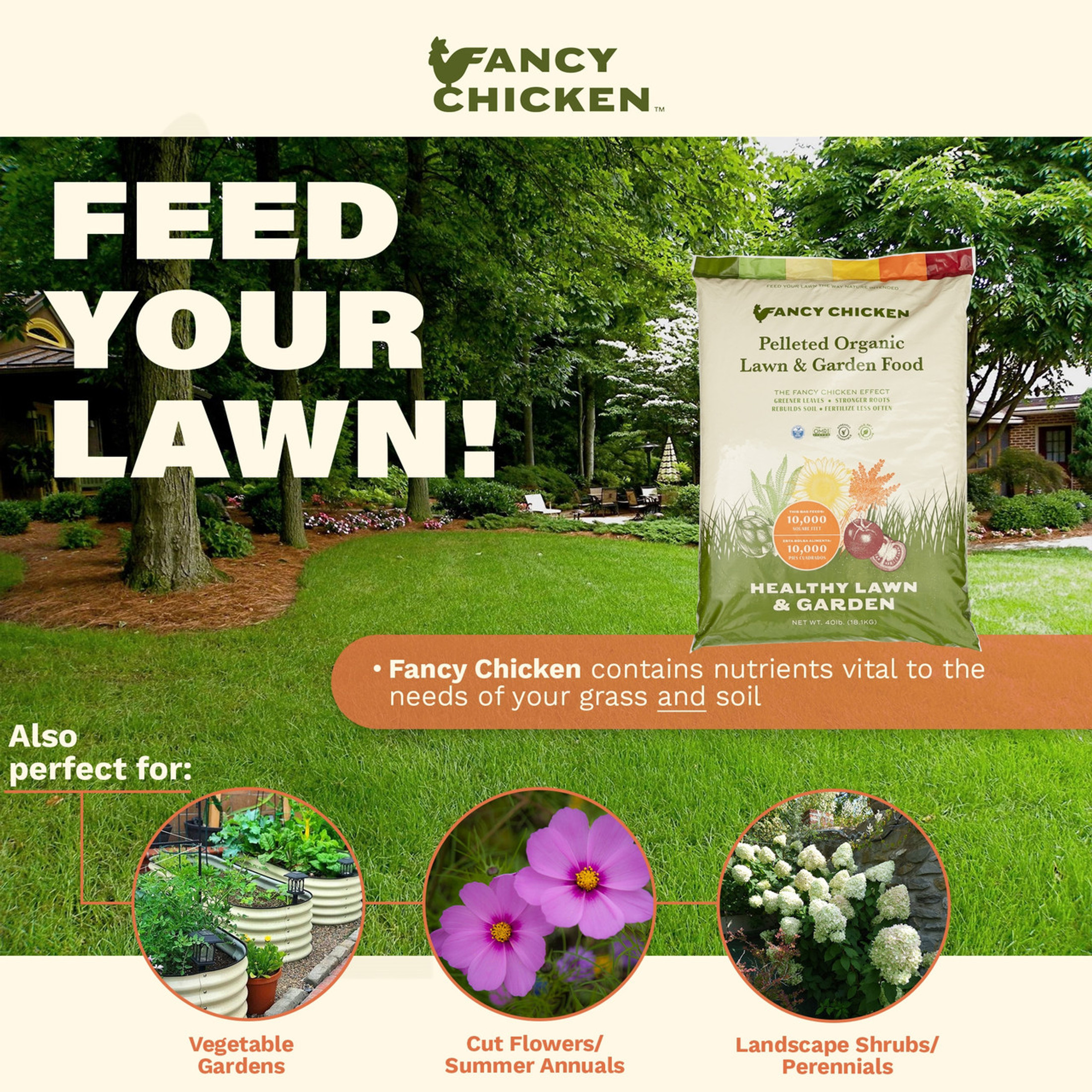 Fancy Chicken All-Purpose Organic Lawn & Garden Food, 100% Dried Pelleted Poultry Manure Fertilizer, 40lb (Covers up to 10,000 sq ft)
