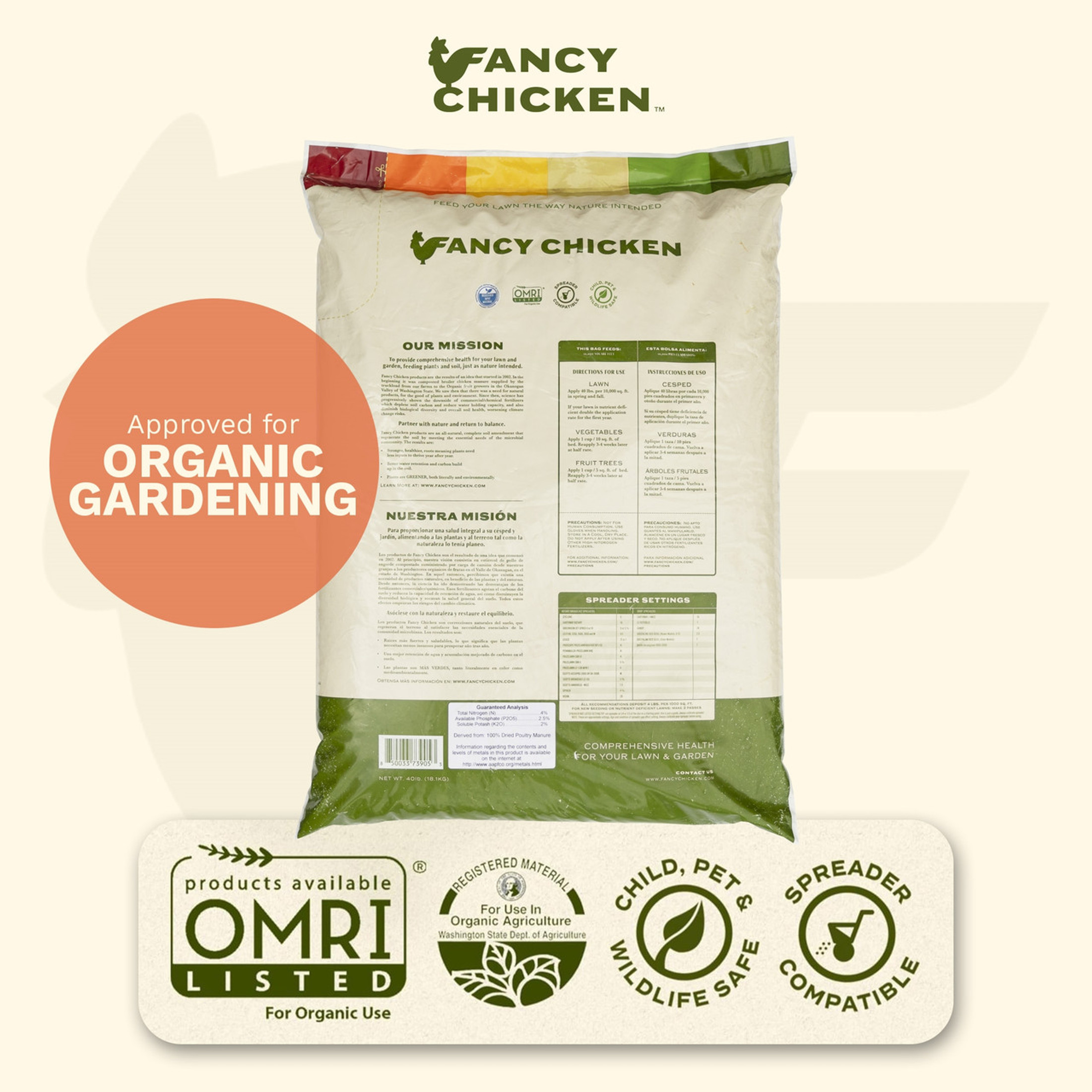 Fancy Chicken All-Purpose Organic Lawn & Garden Food, 100% Dried Pelleted Poultry Manure Fertilizer, 40lb (Covers up to 10,000 sq ft)
