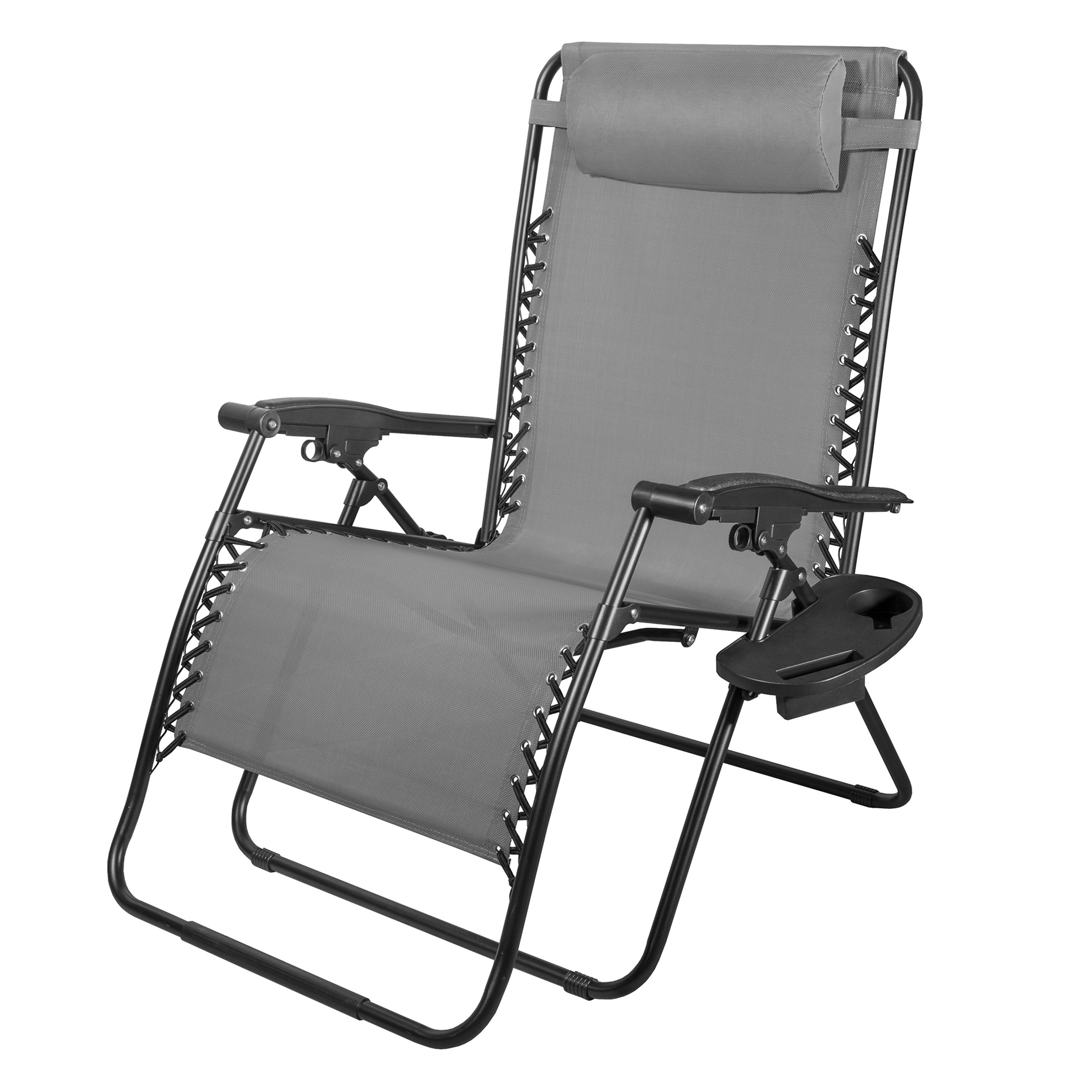 Four Seasons Steel Reclining Zero Gravity Lawn Chair with Cup Holder, Foot Rest, and Pillow, XL, Gray