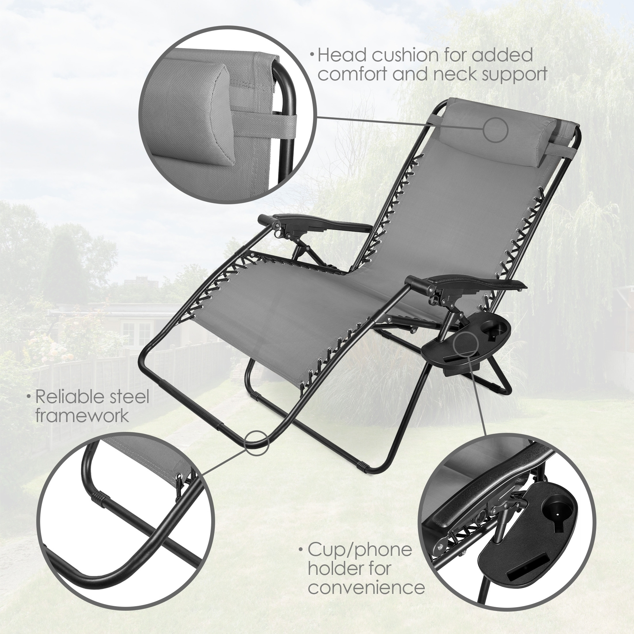 Four Seasons Steel Reclining Zero Gravity Lawn Chair with Cup Holder, Foot Rest, and Pillow, XL, Gray