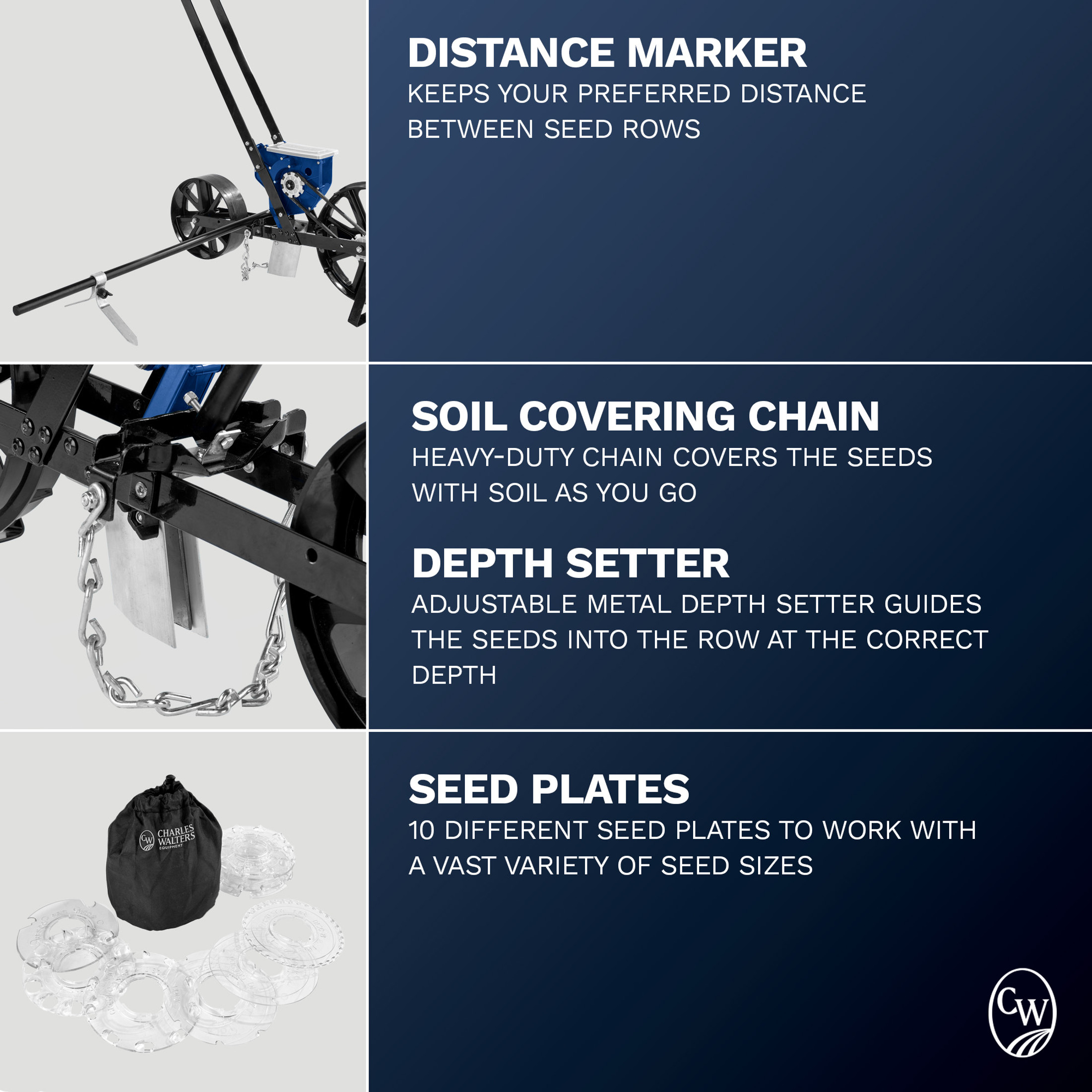 Charles Walters Equipment CWSRS Single Row Seeder for Sowing a Variety of Garden Seeds, Includes 10 Seed Plates