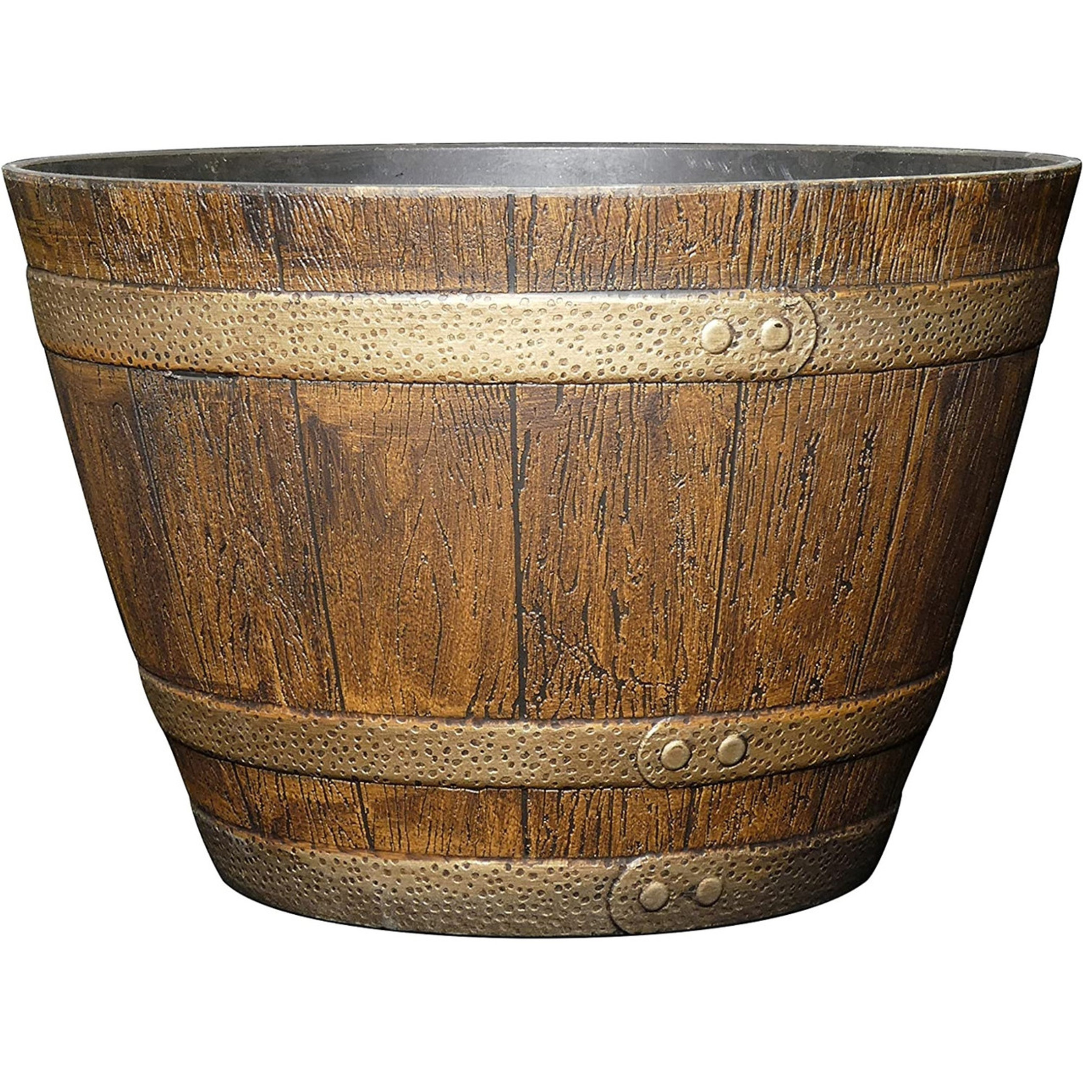 Classic Home and Garden Whiskey Resin Flower Pot Barrel Planter, Oak Brown, 15"
