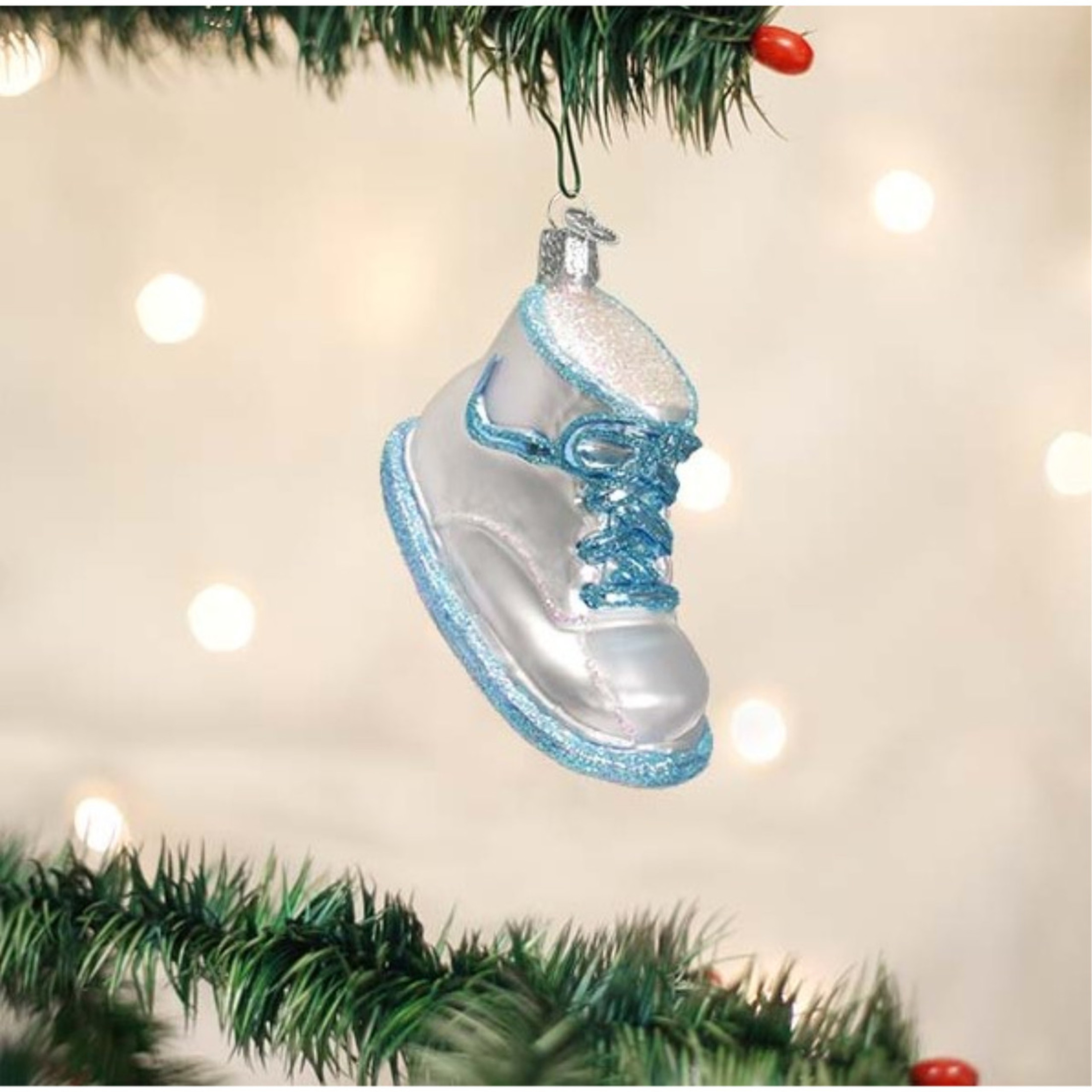 Old World Christmas Blown Glass Ornament for Christmas Tree, Blue Baby Shoe (with OWC Gift Box)