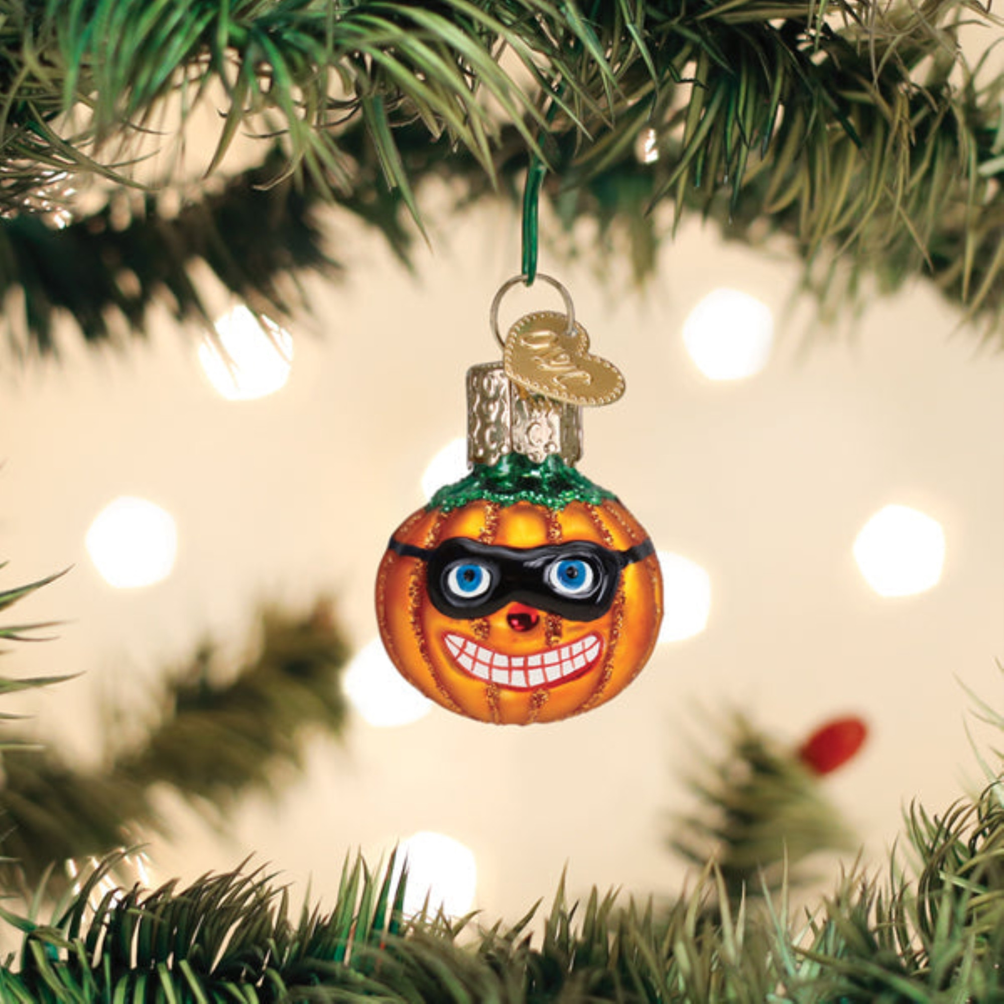 Old World Christmas Blown Glass Ornament for Tree, Mini Masked Jack O'Lantern