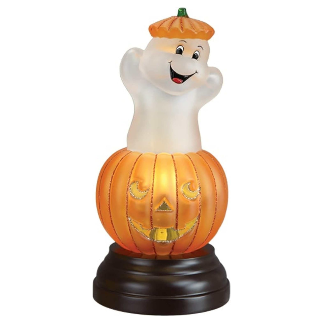 Old World Christmas Blown Glass Ghost Pumpkin Light – Hand-Painted, Plug-In Halloween Décor, 9.5"
