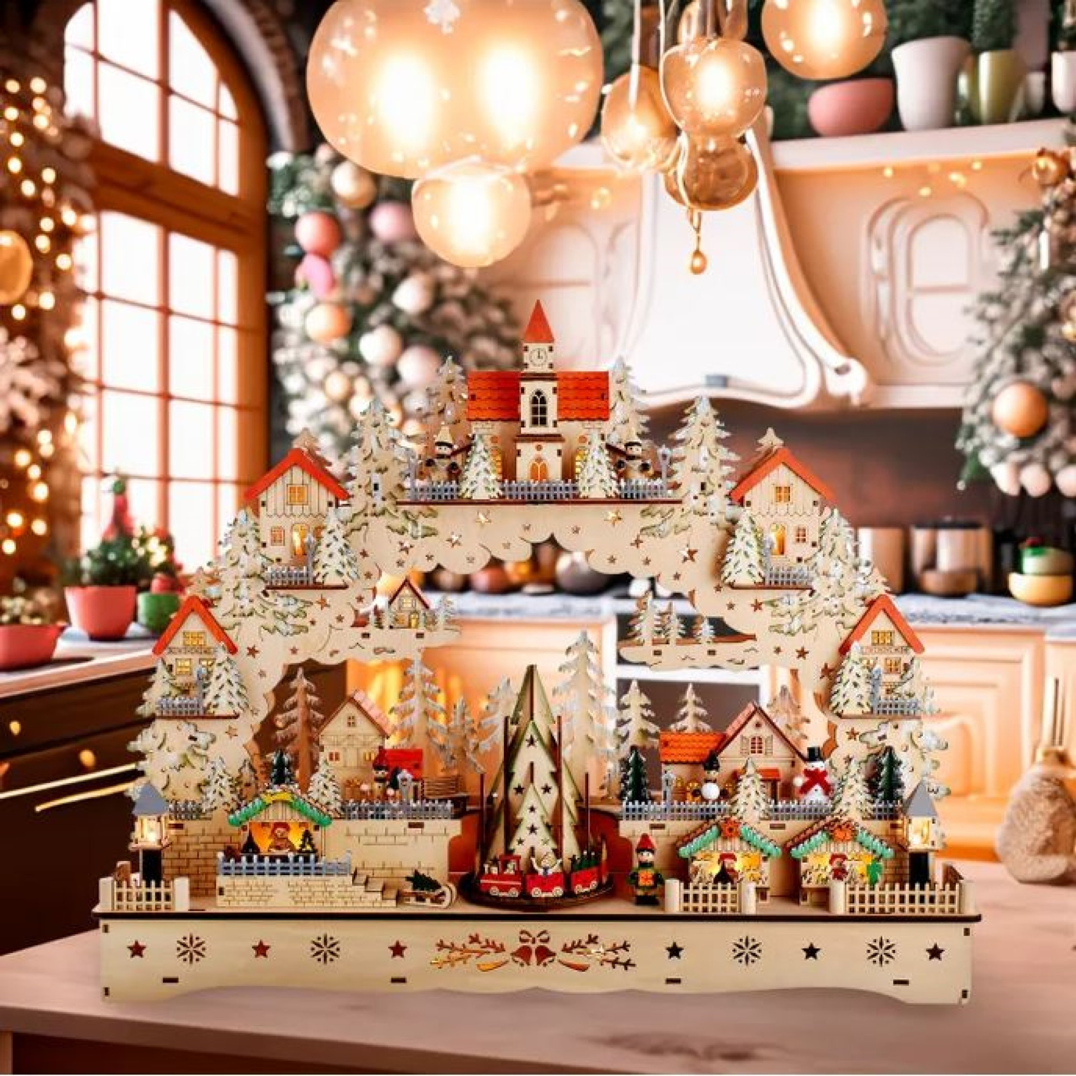 Kurt Adler Wooden LED Light-Up Musical/Motion Christmas Village, 18.5in