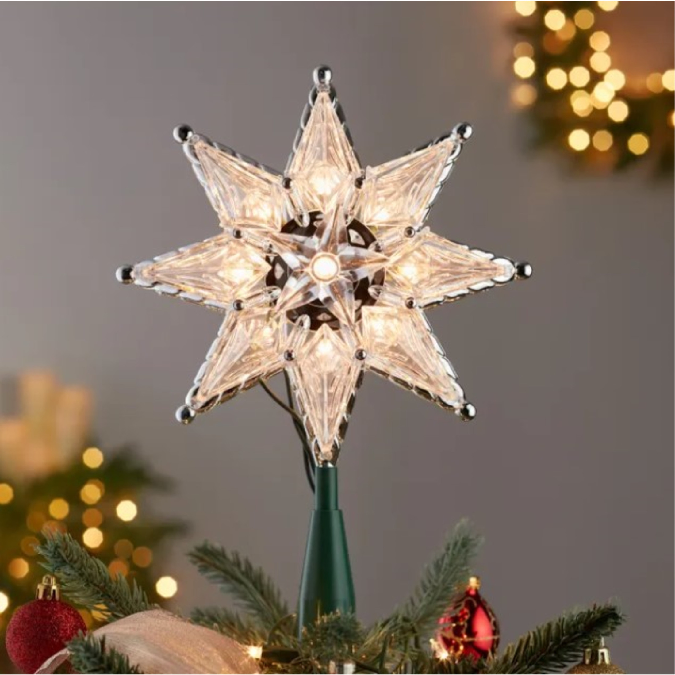 Kurt Adler 10-Light 8-Point Star Christmas Treetop, Clear, 8in