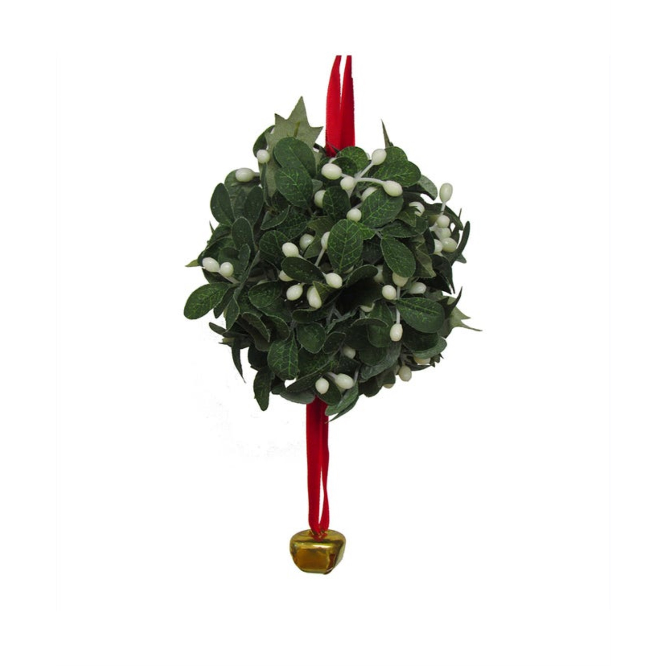 Kurt Adler Plastic Hanging Ornament, Mistletoe Ball with Red Ribbon & Gold Jingle Bell, 9" Kurt Adler Plastic Hanging Ornament, Mistletoe Ball with Red Ribbon & Gold Jingle Bell, 9"
