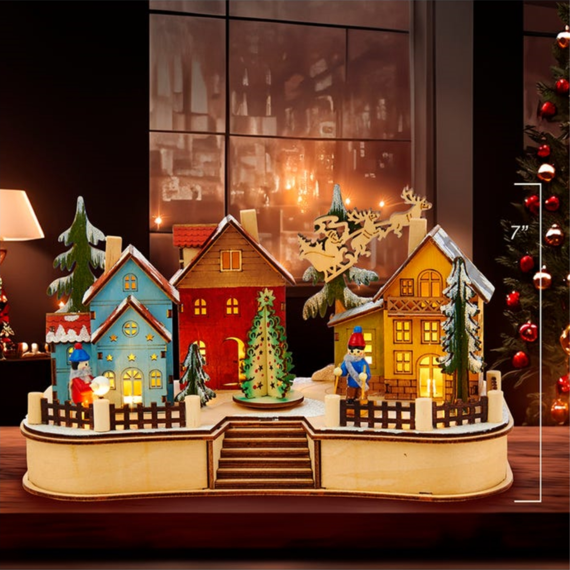 Kurt Adler Light-Up Musical Wooden Village with Moving Parts, 7in