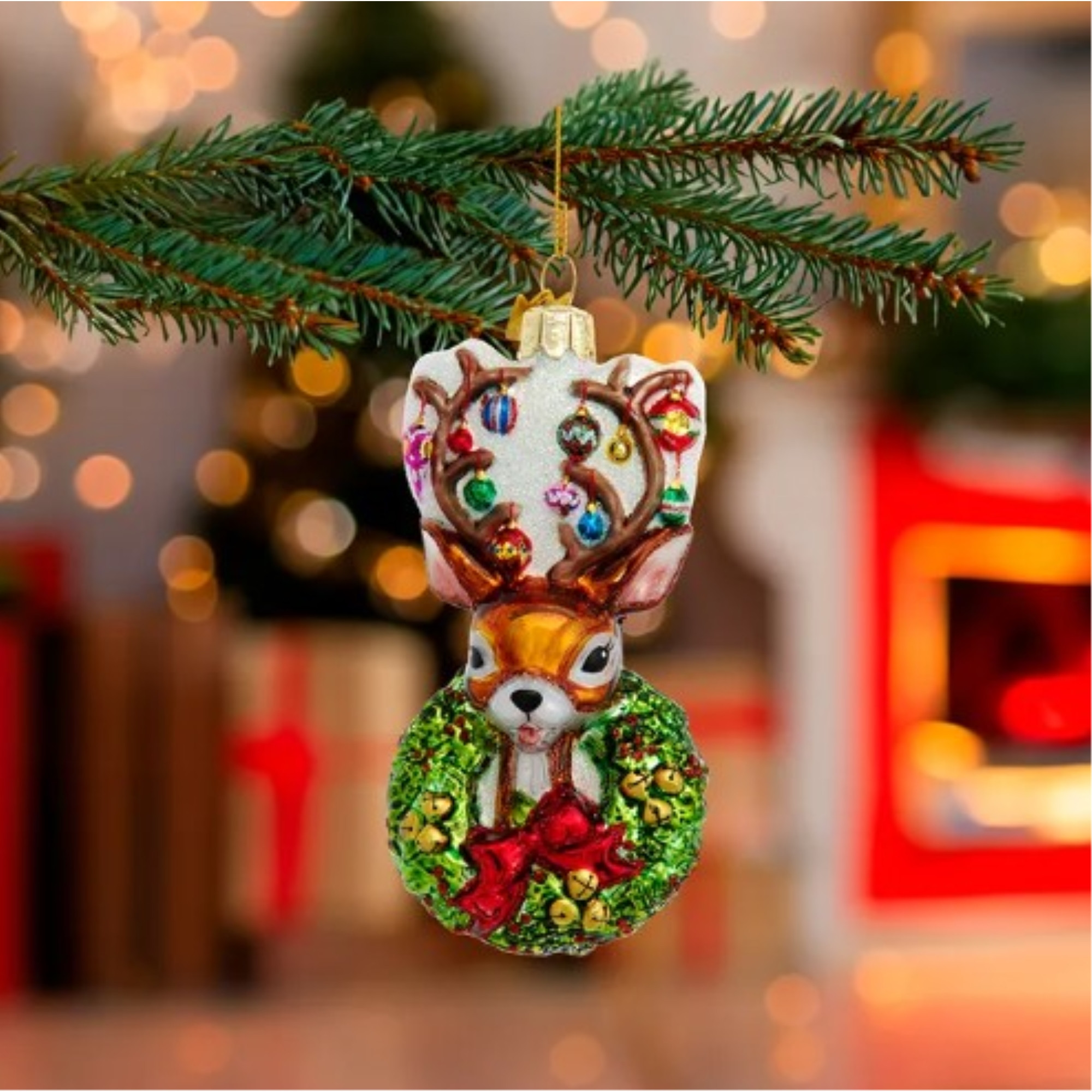 Kurt Adler Nobel Gems Glass Christmas Ornament, Traditional Deer with Wreath