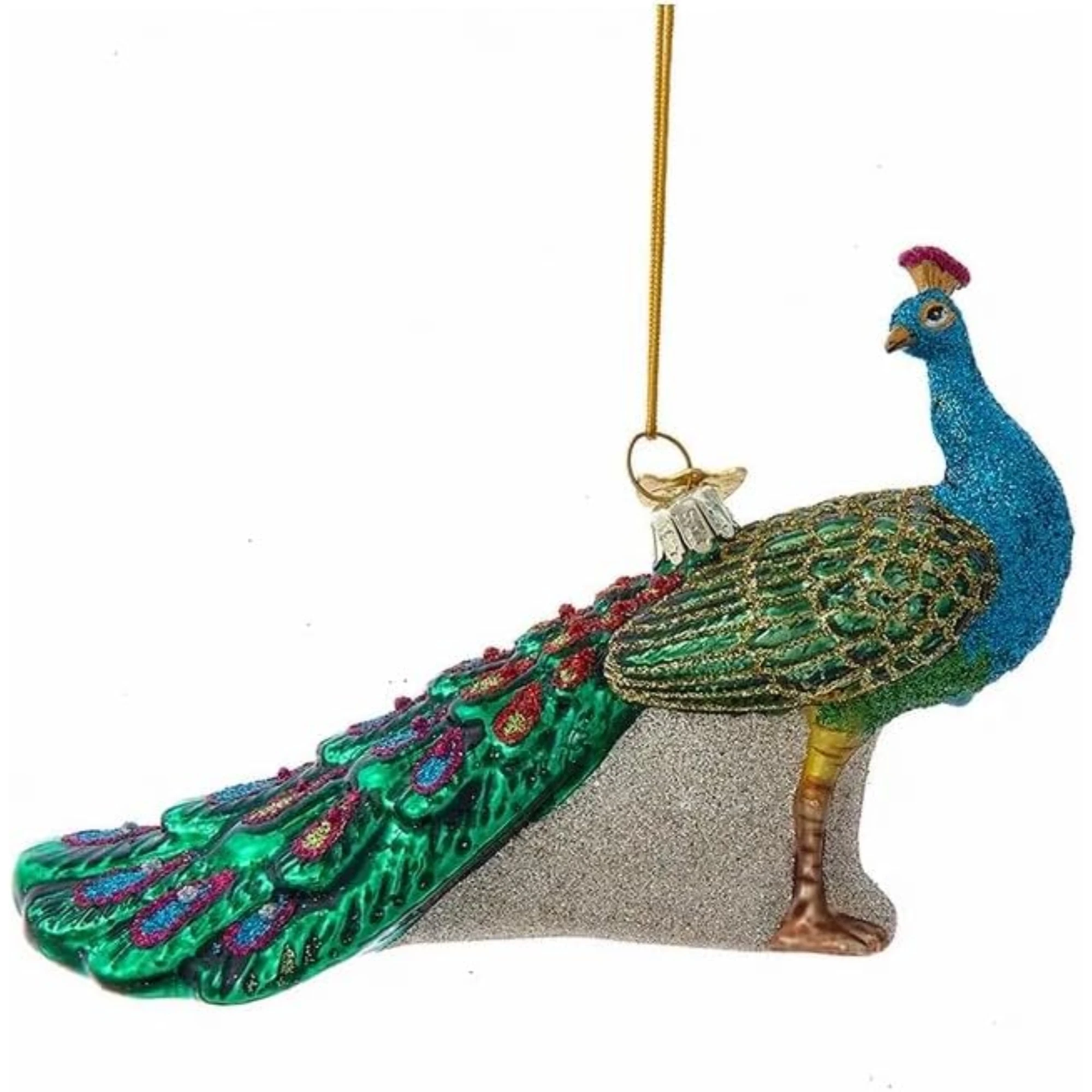 Kurt Adler Noble Gems Glass Ornament, Glittered Peacock, Green & Blue