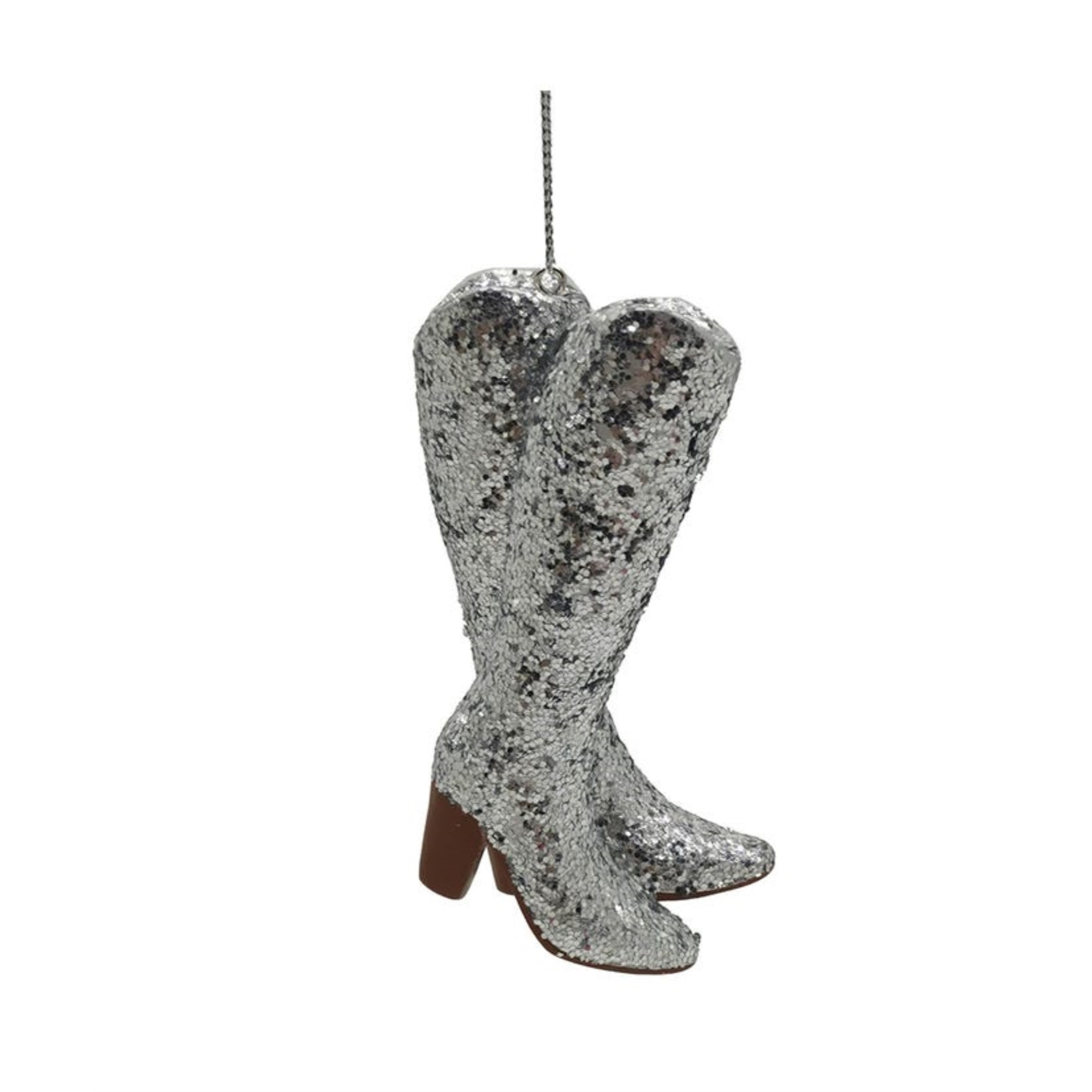 Kurt Adler Hanging Resin Christmas Tree Ornament, Silver Glitter Cowboy Boots, 4"