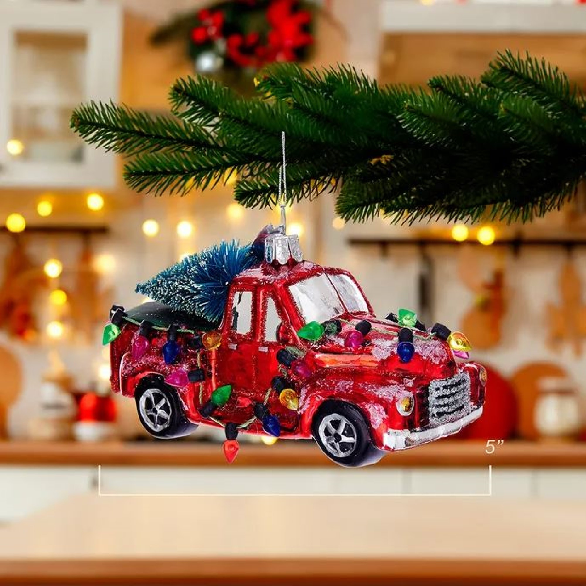 Kurt Adler Noble Gems Glass Ornament for Christmas Tree, Truck with Tree