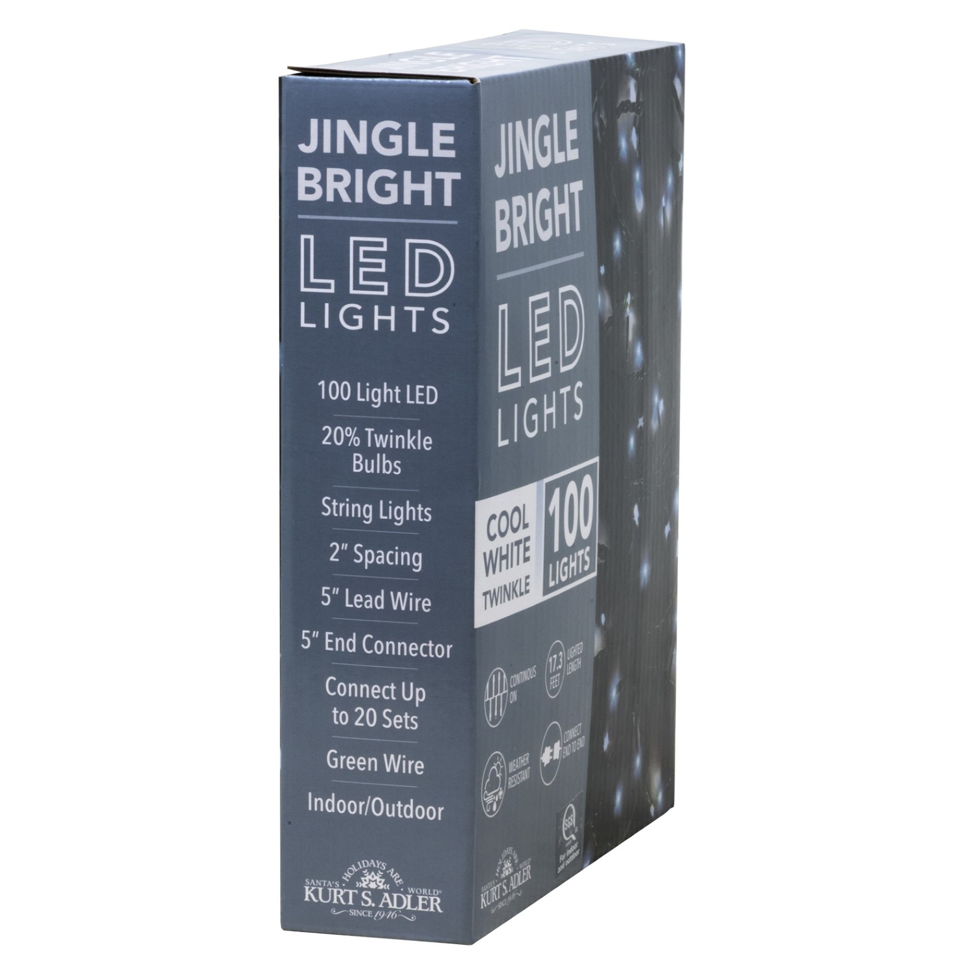 Kurt Adler Indoor/Outdoor Jingle Bright LED Light Set, 100 LED Lights on Green Wire, Cool White Twinkle, 17ft