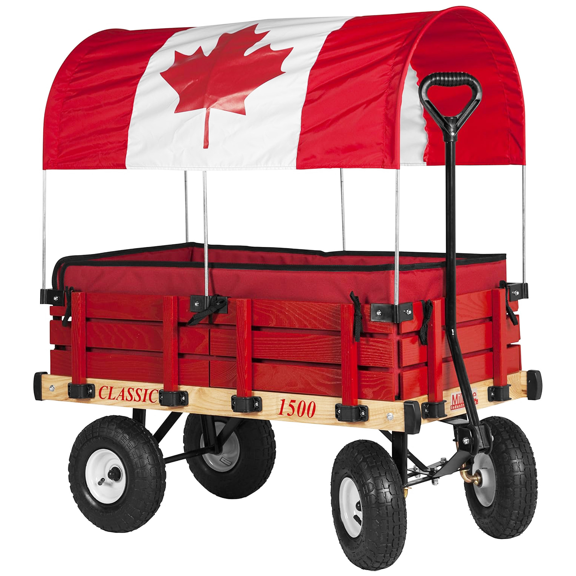 Millside Industries Classic Wood Wagon Cart with Removable Wooden Side Racks, Pneumatic Tires & Canada Flag Canopy, Red, 20" x 38"
