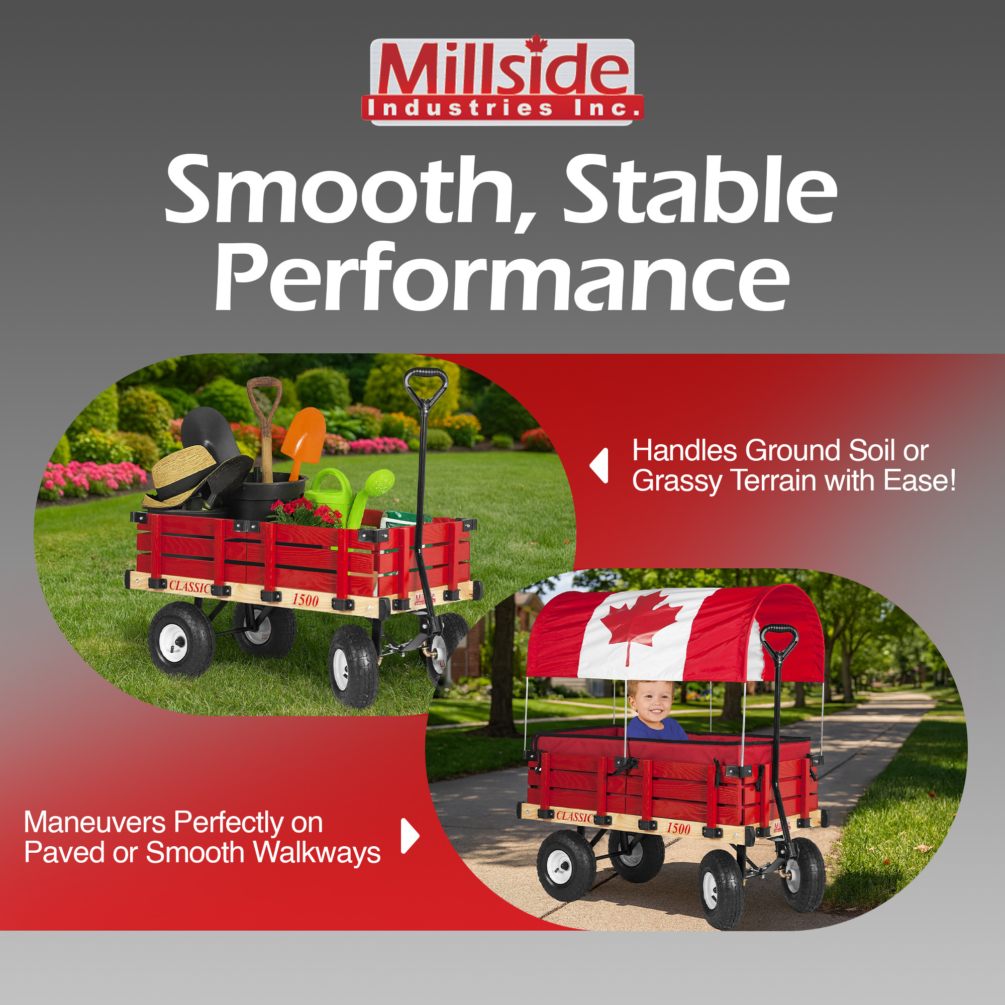 Millside Industries Classic Wood Wagon Cart with Removable Wooden Side Racks, Pneumatic Tires & Canada Flag Canopy, Red, 20" x 38"