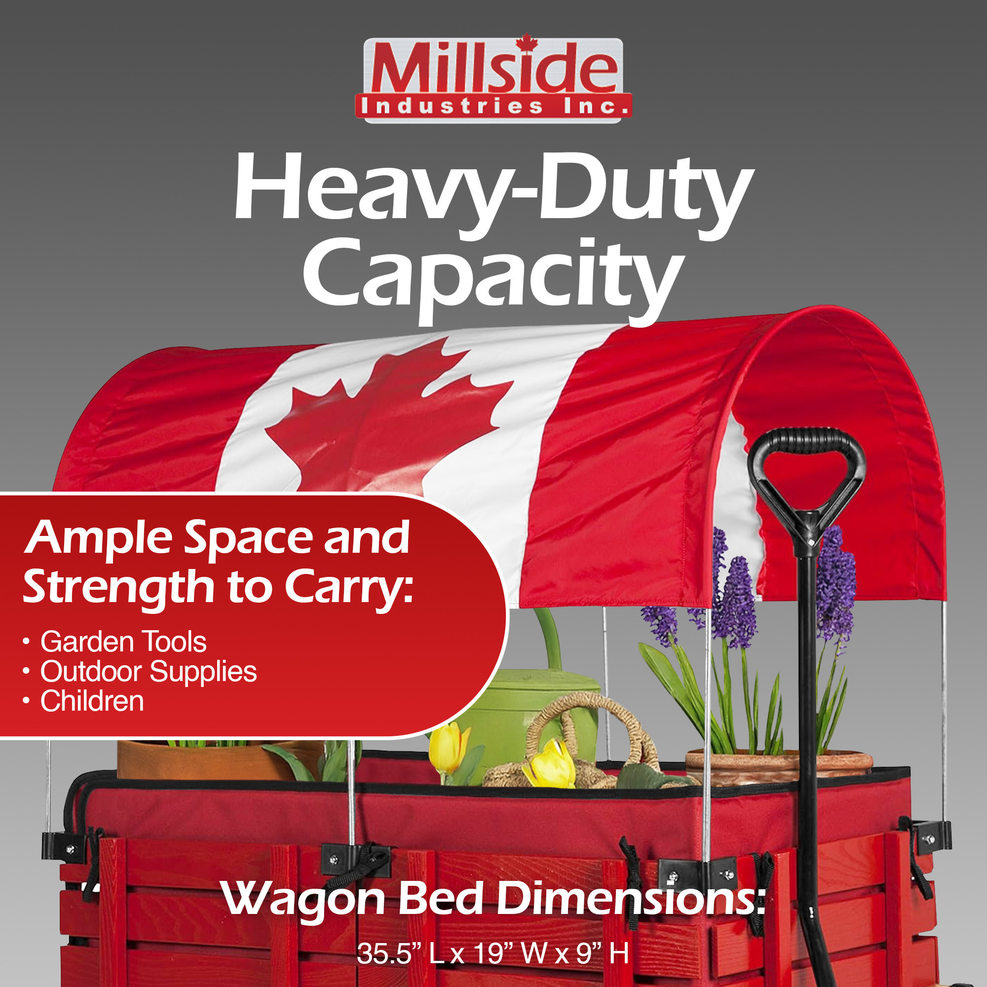 Millside Industries Classic Wood Wagon Cart with Removable Wooden Side Racks, Pneumatic Tires & Canada Flag Canopy, Red, 20" x 38"