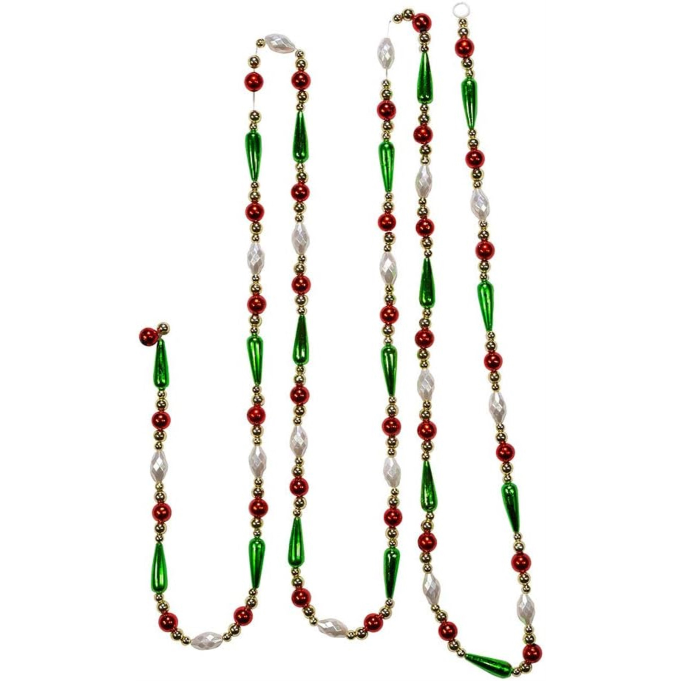 Kurt Adler Gold, Red, Green and White Round Bead with Water Drop Beaded Garland, 9 Ft