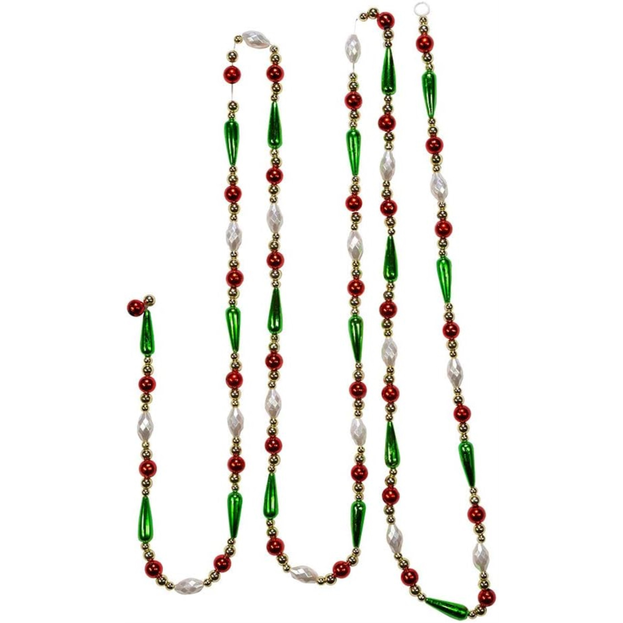 Kurt Adler Christmas Round and Water Drop Beaded Garland, Gold, Red, Green, 9’
