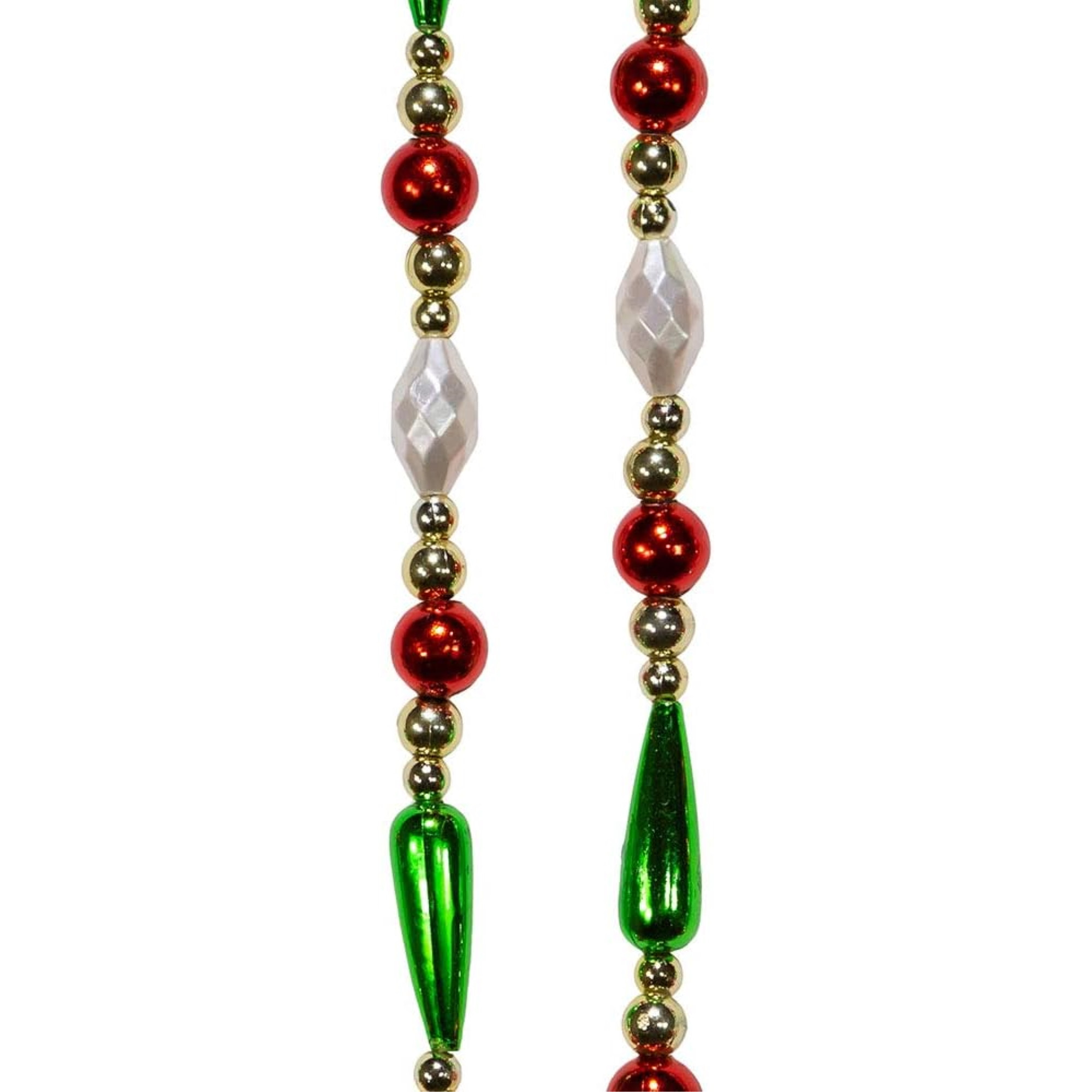 Kurt Adler Christmas Round and Water Drop Beaded Garland, Gold, Red, Green, 9’