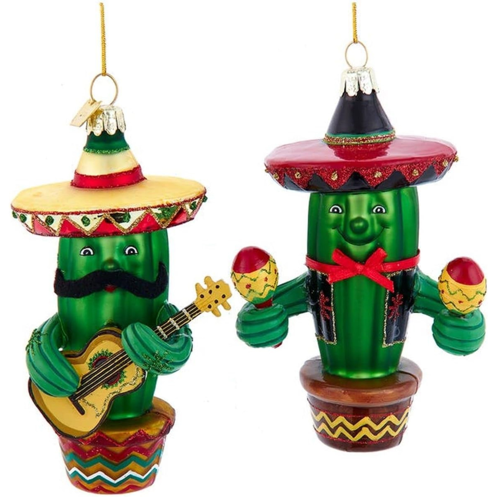 Kurt Adler Noble Gems Glass Ornaments for Christmas Tree, Cactus with Sombrero, Assorted (Pack of 2)