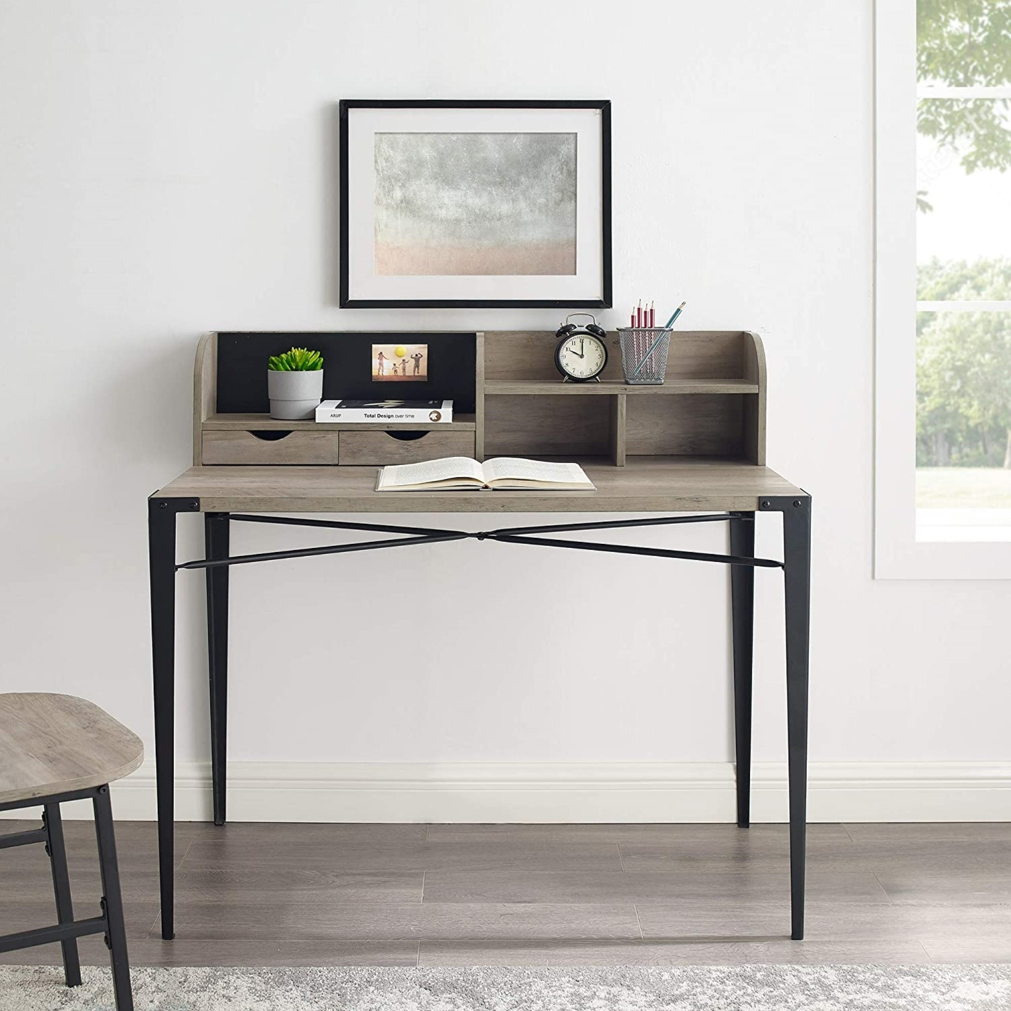 Interior Elements Industrial Secretary Desk with Hutch – Wood Home Office Desk, Grey Wash, 42"