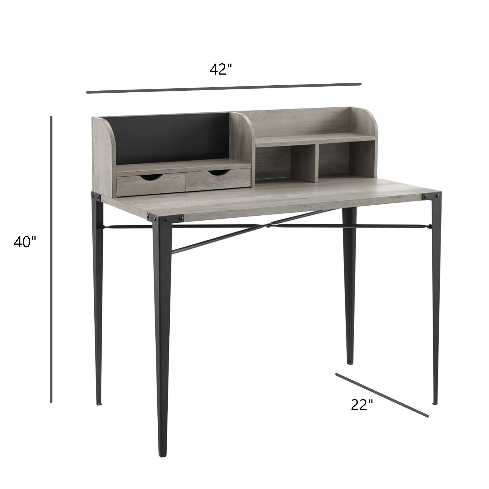 Interior Elements Industrial Secretary Desk with Hutch – Wood Home Office Desk, Grey Wash, 42"