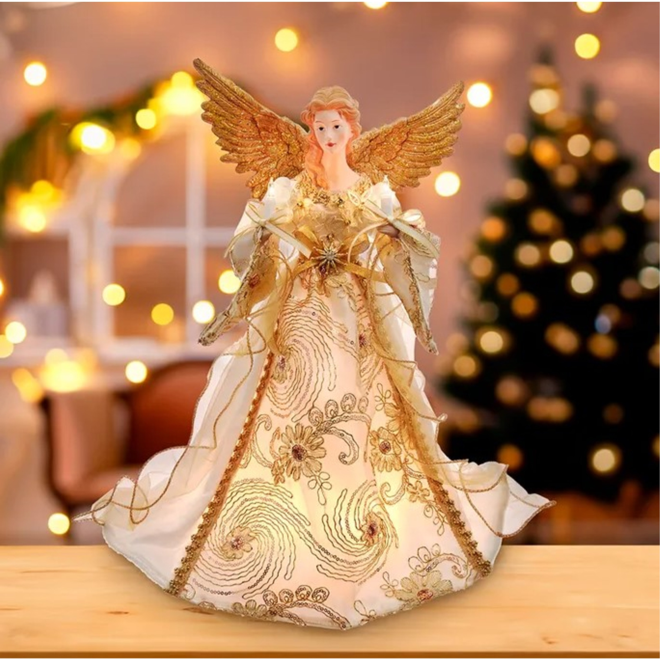 Kurt Adler UL 10-Light Ivory and Gold Angel Christmas Treetop, 16in