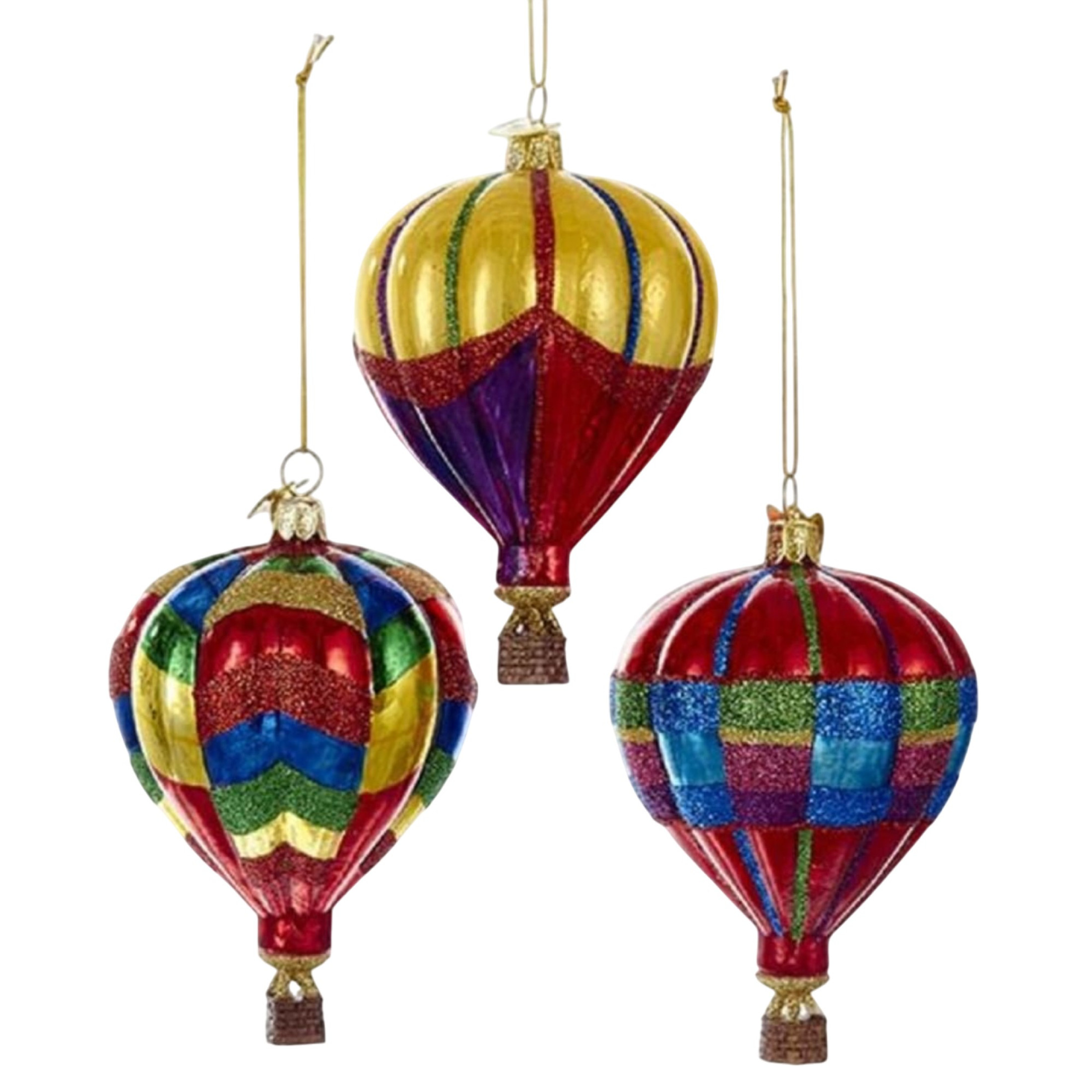 Kurt Adler Noble Gems Hot Air Balloon Glass Christmas Ornaments, (Pack of 3)